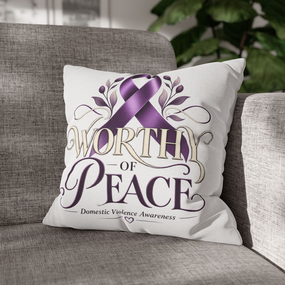 Worthy of Peace Purple Ribbon Pillowcase — Domestic Violence Awareness Throw Pillow