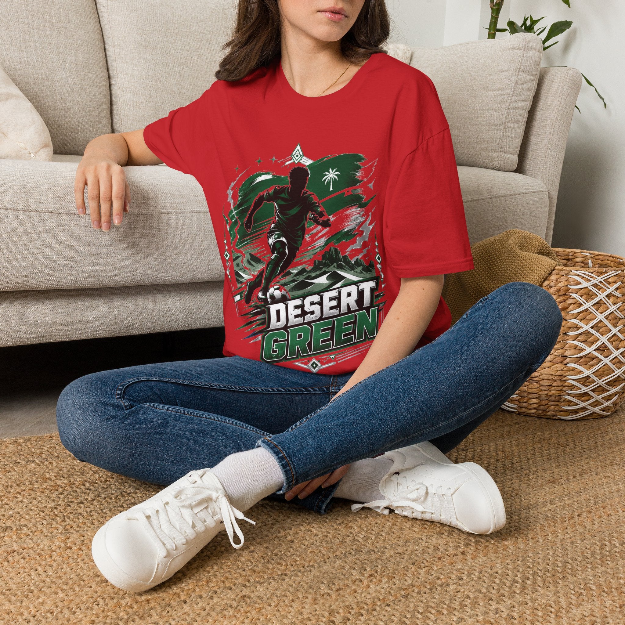 Saudi Arabia Desert Green Soccer T-Shirt — Silhouette Player Graphic