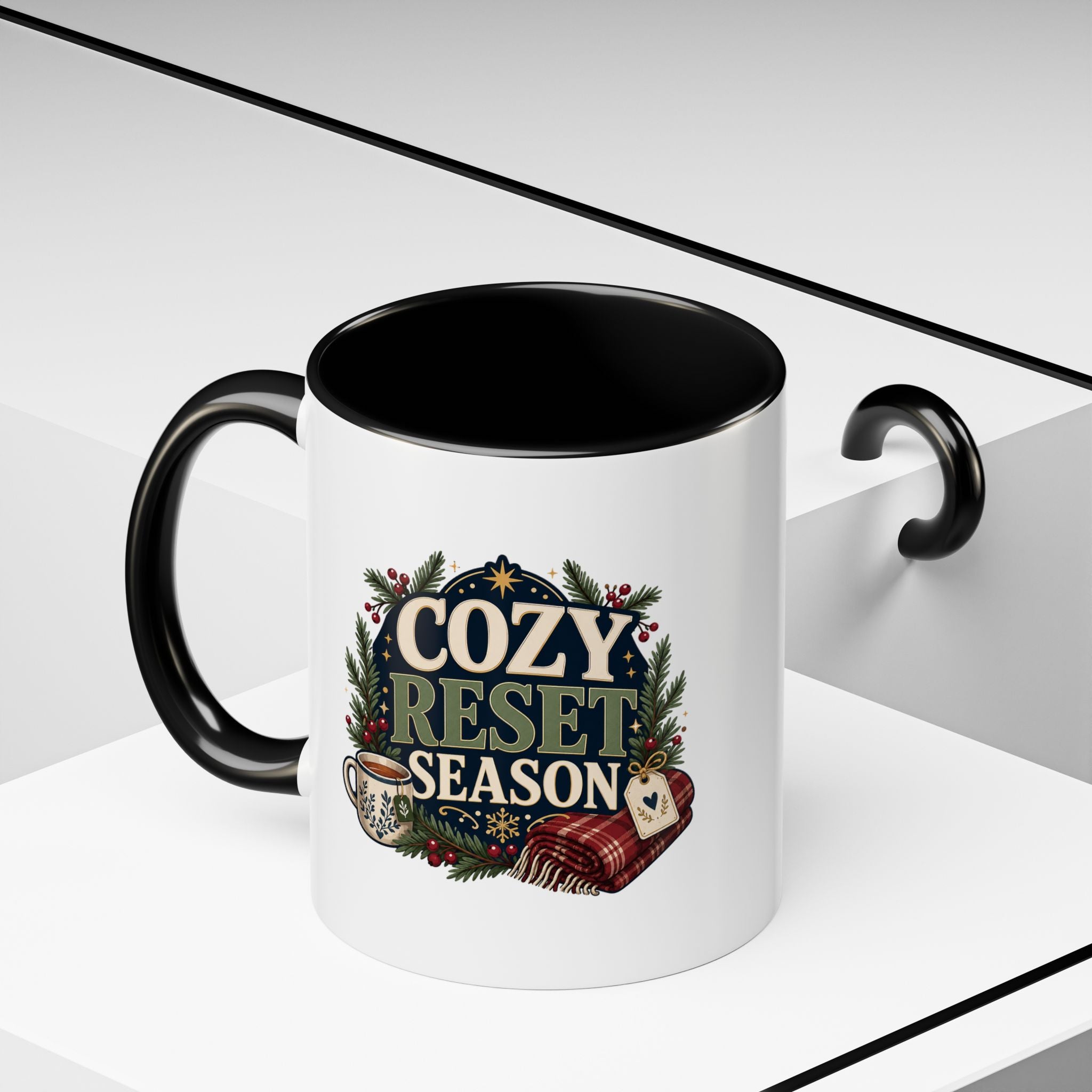 Modern Day Christmas Cozy Reset Season Mug — Holiday Coffee Cup with Blanket & Tea Tag Design