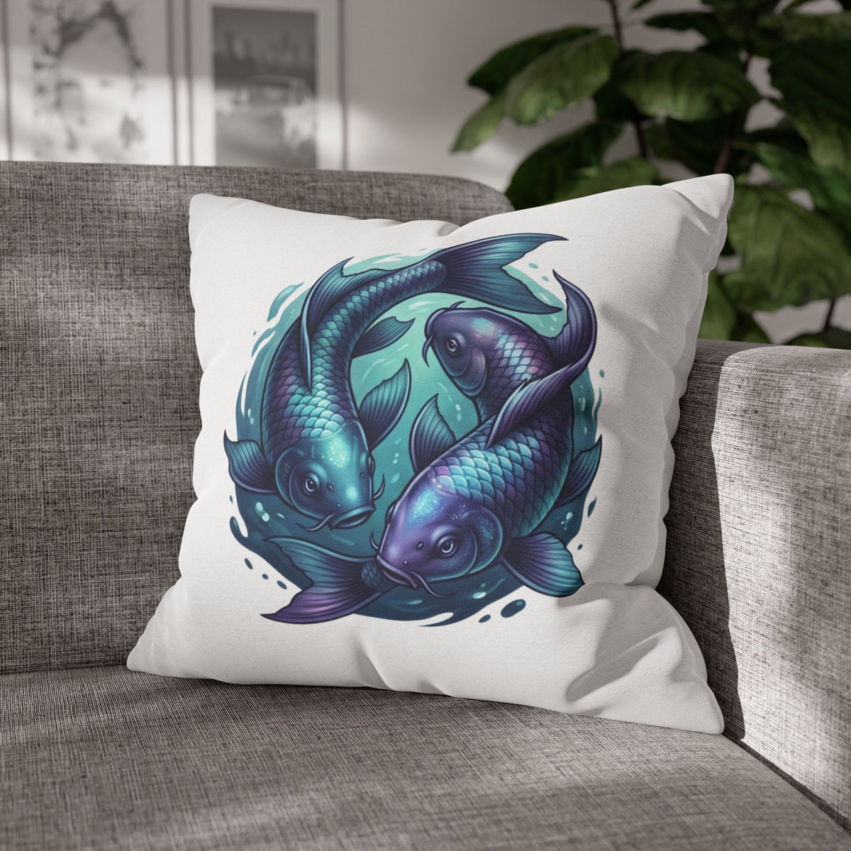 Pisces Koi Fish Decorative Pillowcase — Blue Yin Yang Aquatic Throw Pillow Cover