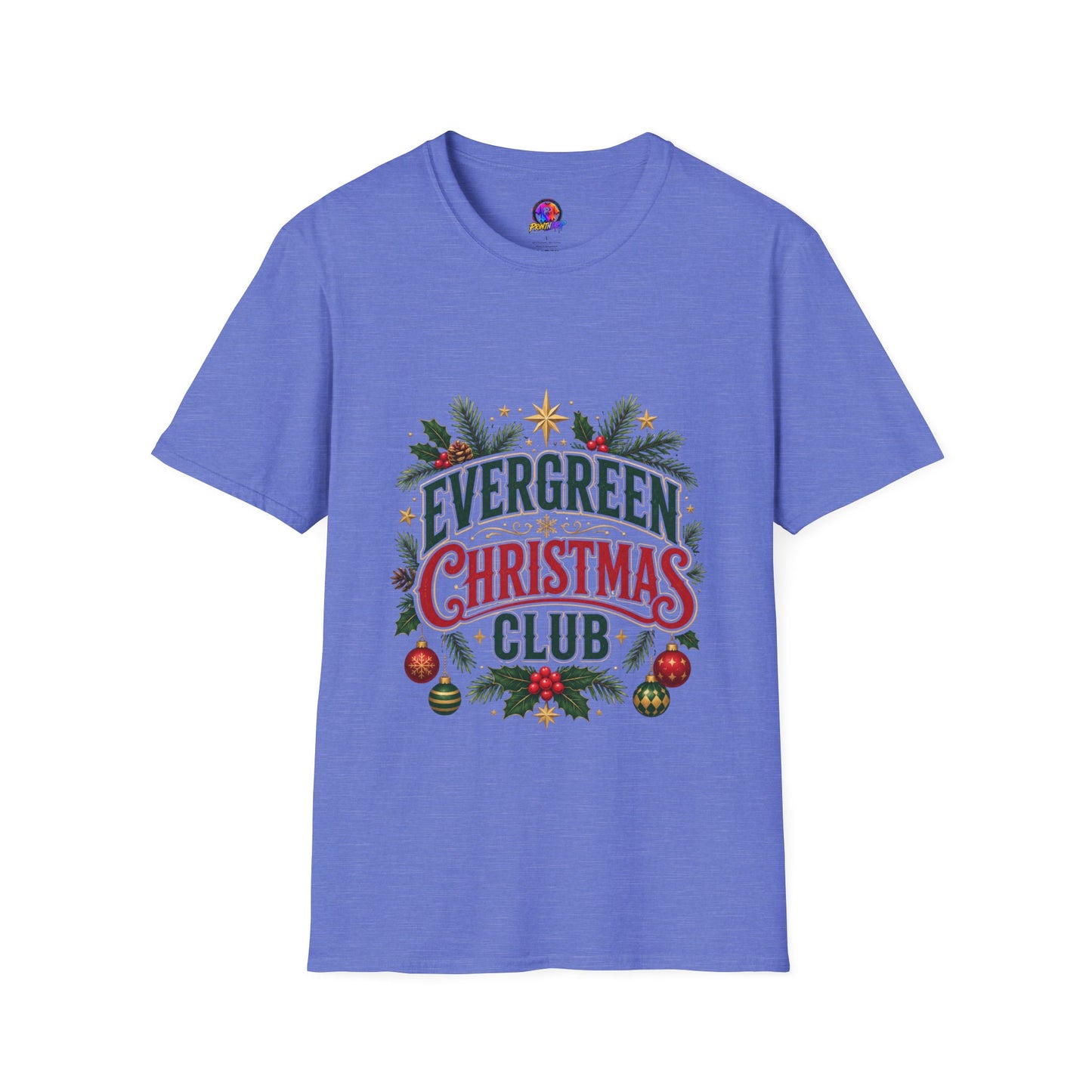 Evergreen Christmas Club T-Shirt — Vintage Holiday Pine & Ornaments Tee