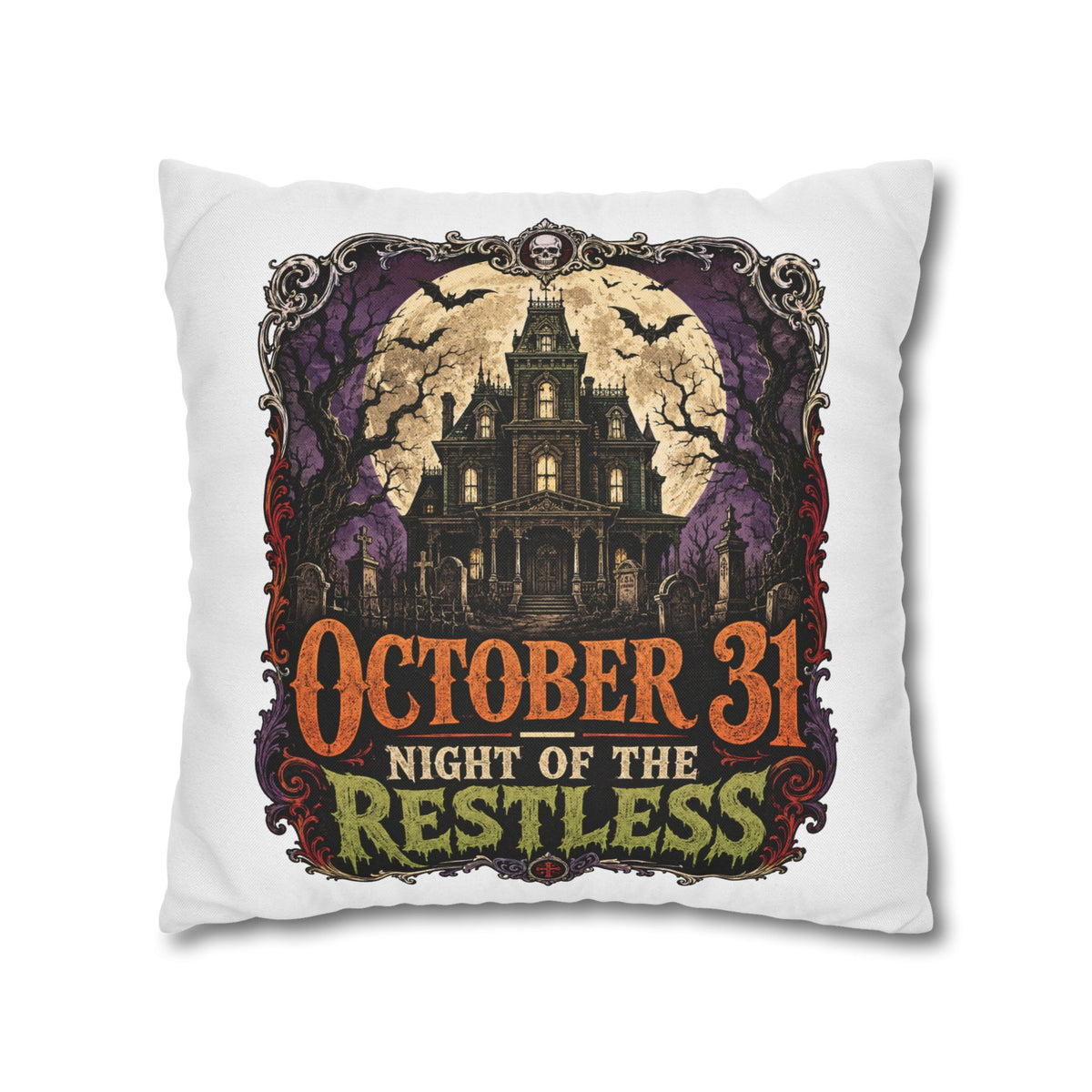 Halloween Pillowcase — "October 31 Night of the Restless" Haunted House Throw Pillow