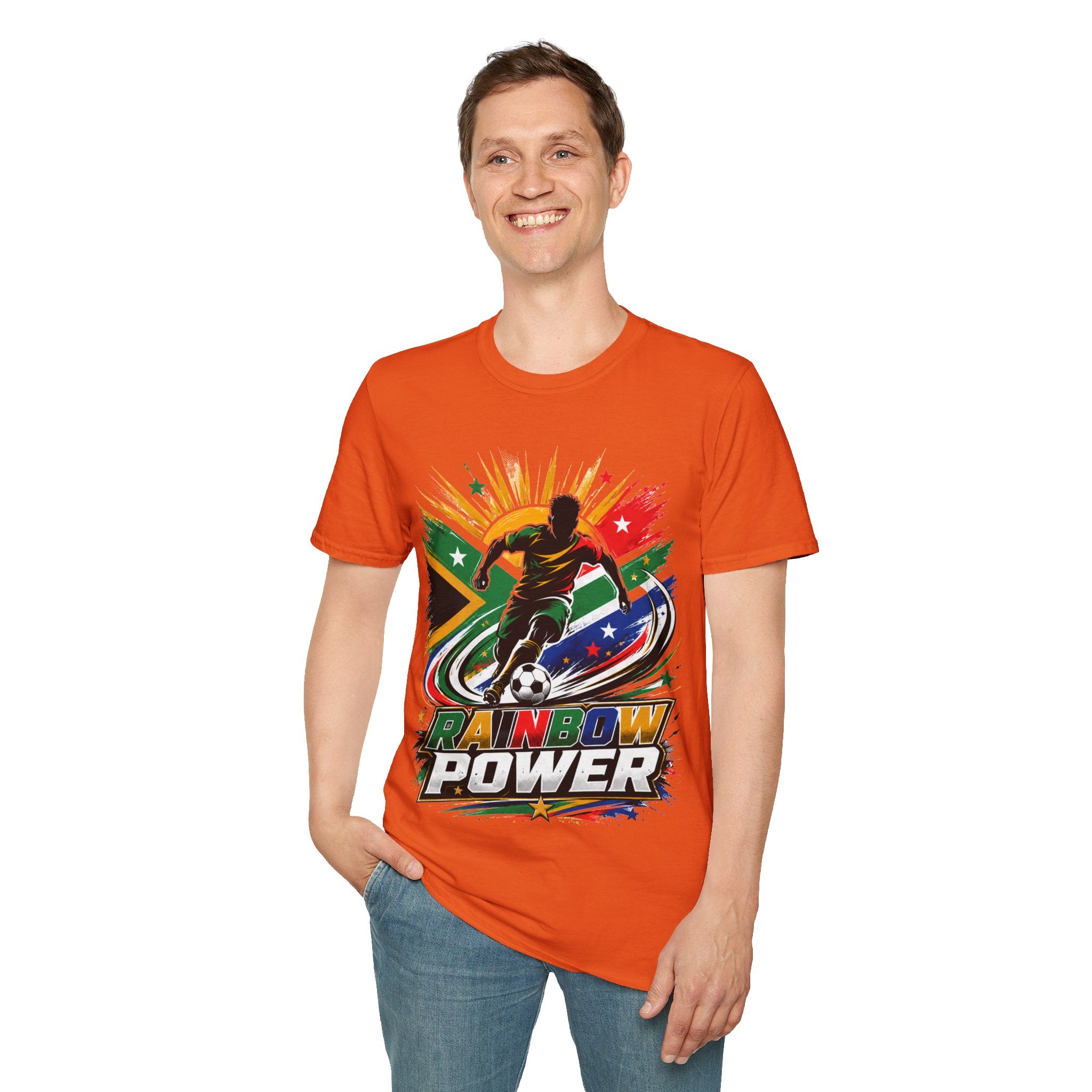 South Africa Soccer Rainbow Power T-Shirt — Colorful Football Player Graphic Tee