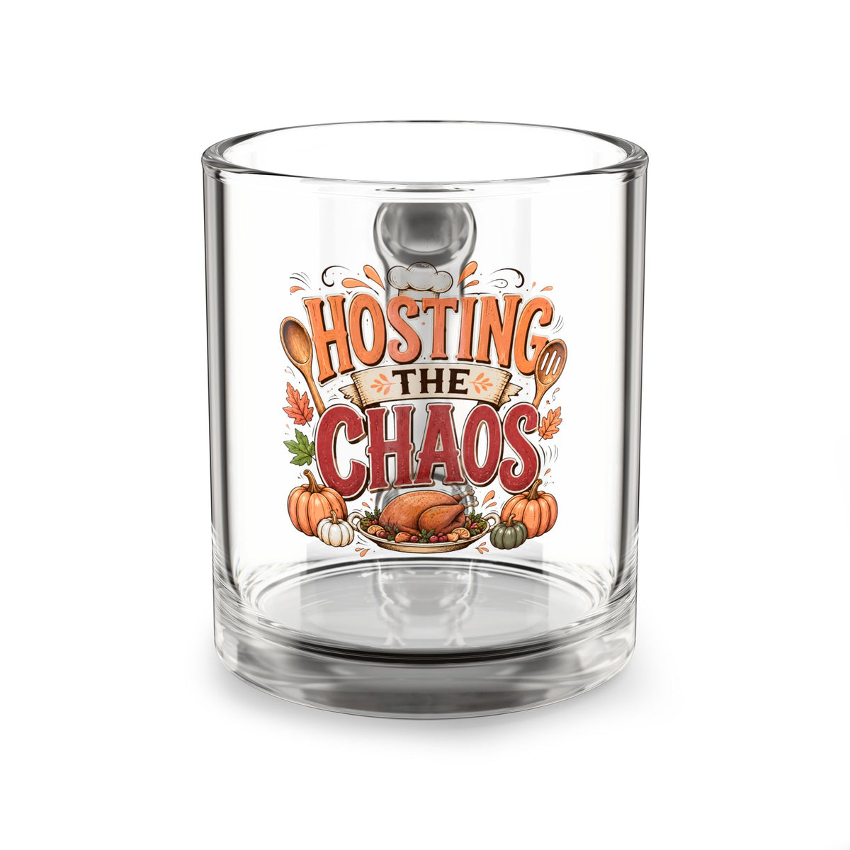 Glass Mug - "Hosting the Chaos" Thanksgiving Coffee Tea Mug with Turkey & Pumpkin Fall Design