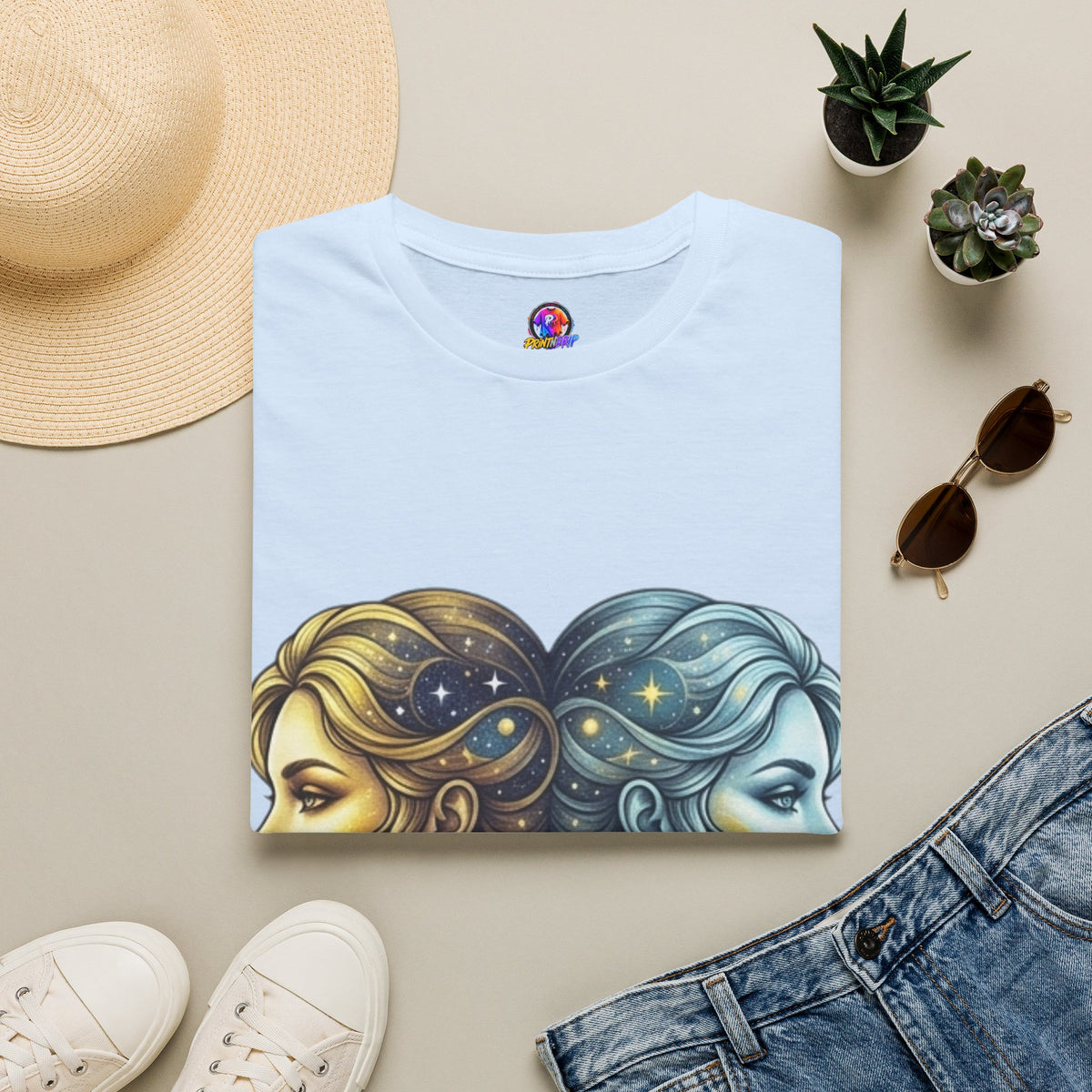 Zodiac Gemini Sun & Moon T-Shirt — Dual Faces Cosmic Design