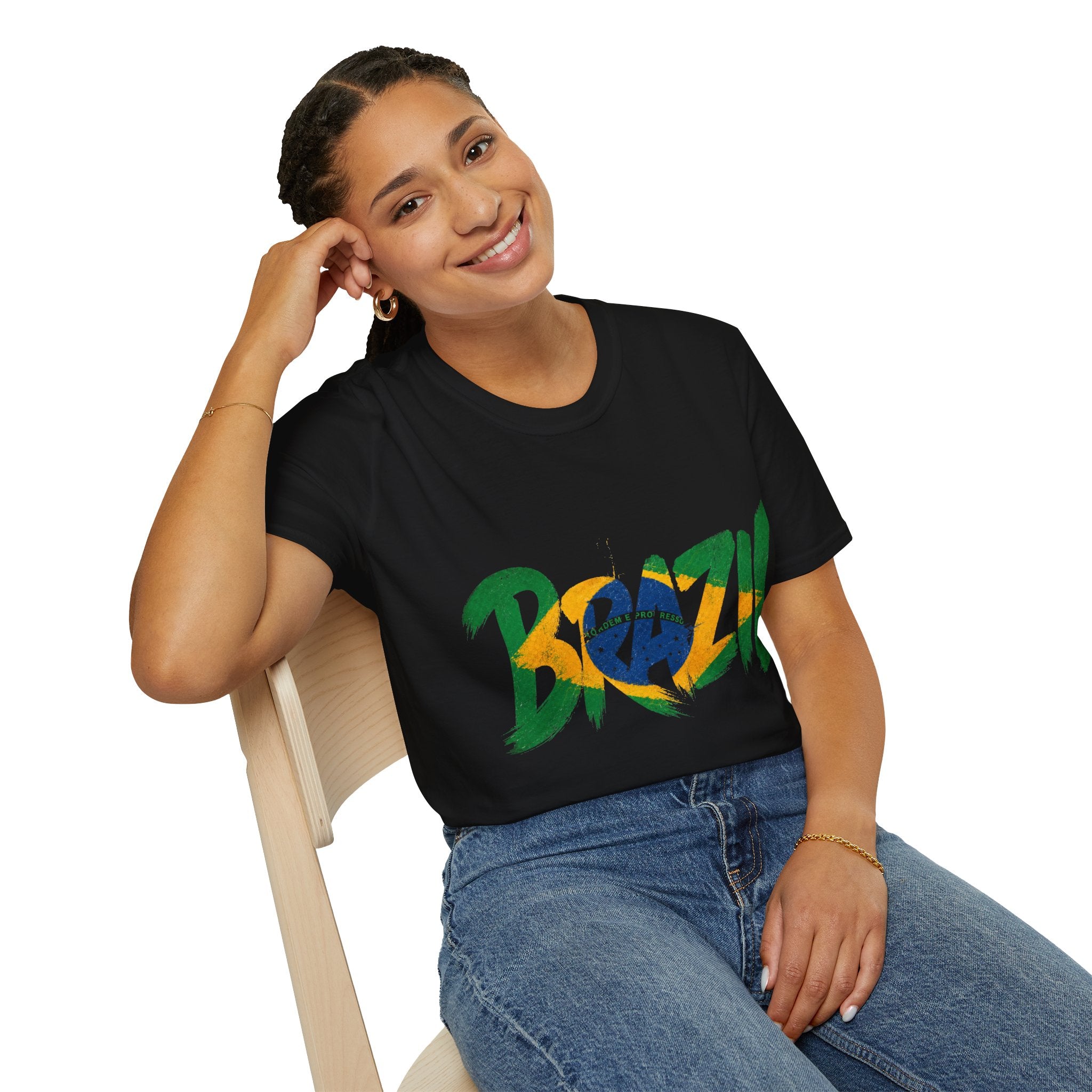 Brazil Flag Graphic T-Shirt — Bold Brazil Script with National Flag Motif
