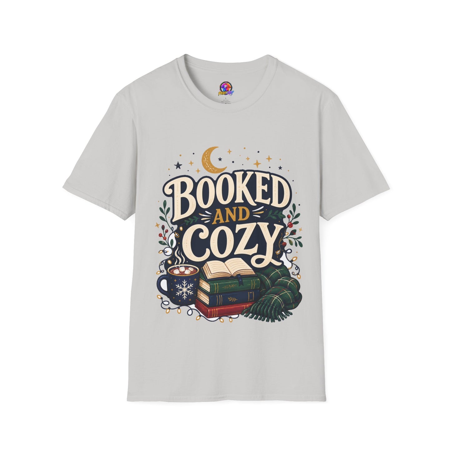 Booked and Cozy T-Shirt — Cozy Reading Graphic Tee (Books, Moon & Stars)