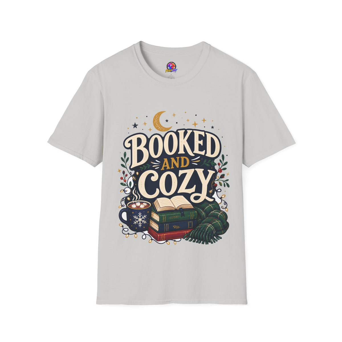 Booked and Cozy T-Shirt — Cozy Reading Graphic Tee (Books, Moon & Stars)