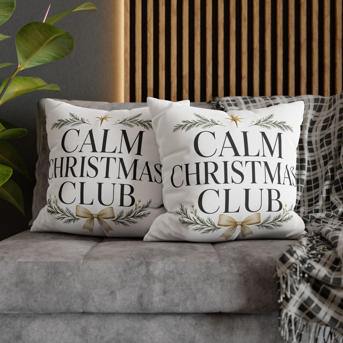 Calm Christmas Club Decorative Pillowcase — Holiday Pine & Gold Bow Throw Cover