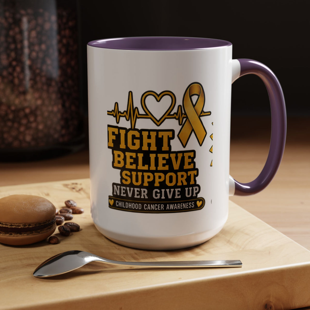 Childhood Cancer Awareness Accent Coffee Mug — "Fight Believe Support" 11/15oz