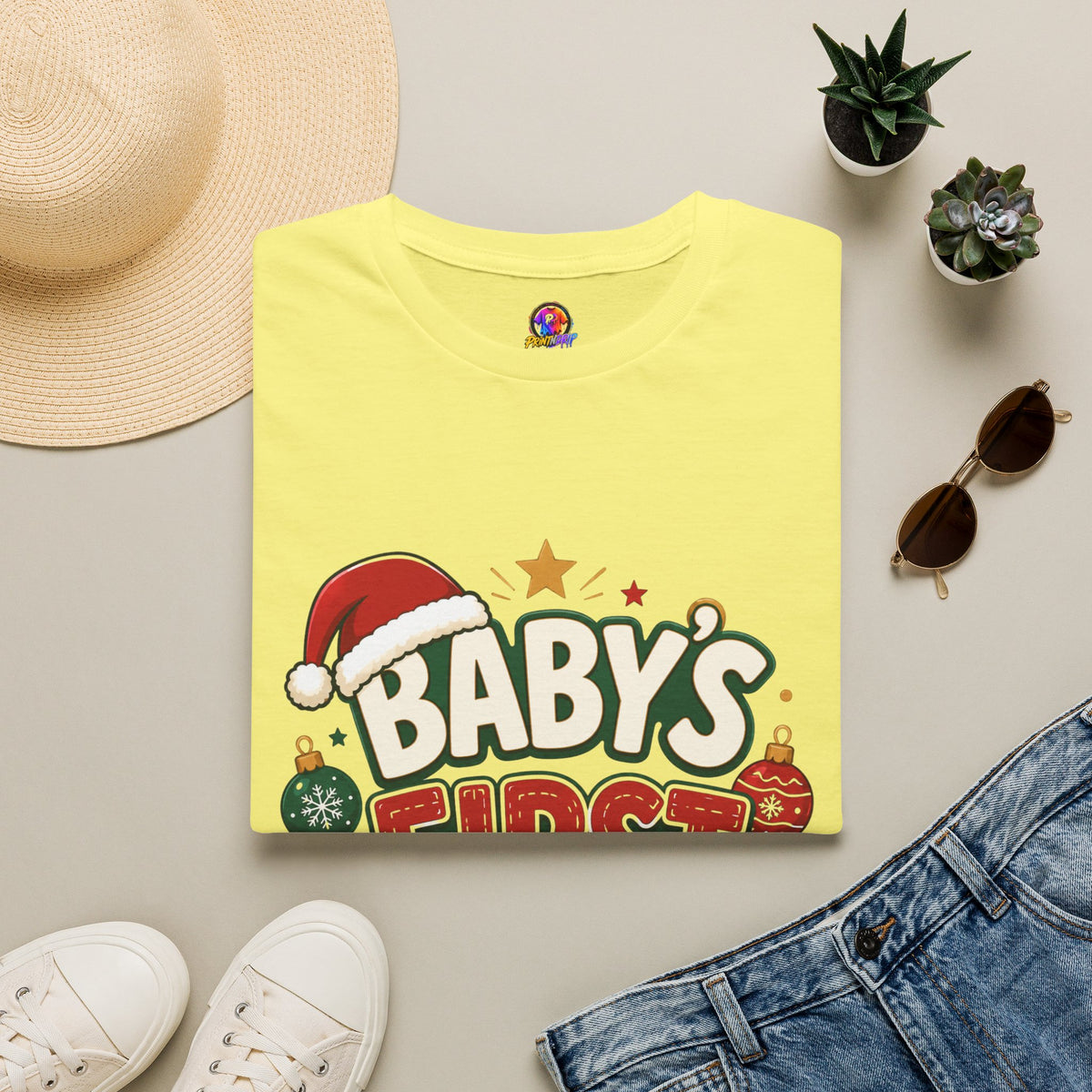 Baby's First Christmas T-Shirt — Festive Santa Hat & Ornaments Holiday Tee