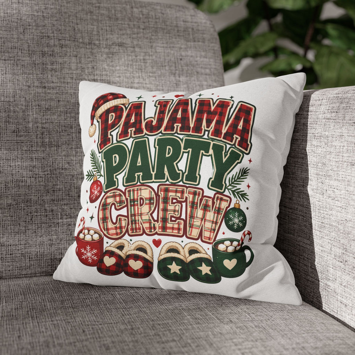 Christmas Pajama Party Crew Pillowcase — Christmas Holiday Decorative Throw Pillow Cover