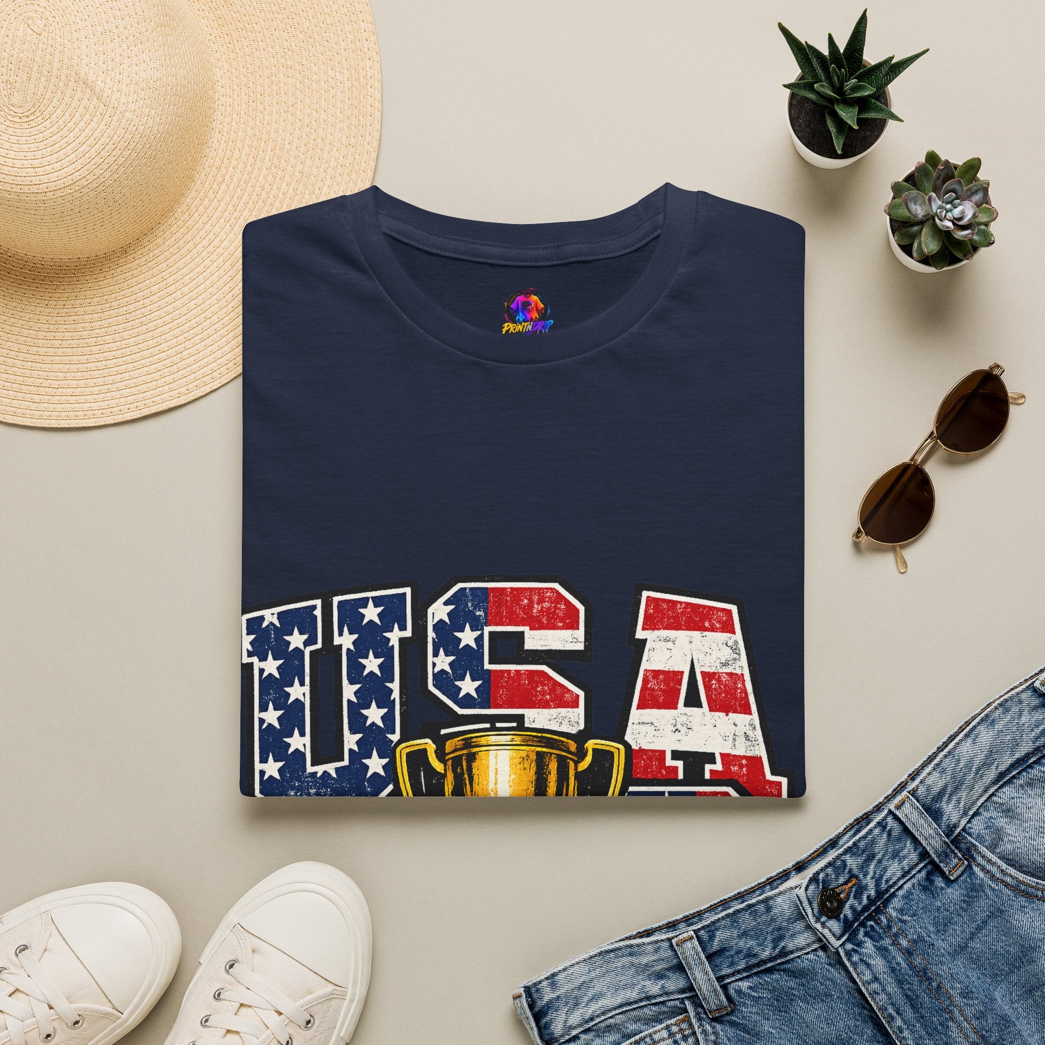 USA Trophy T-Shirt — Patriotic American Flag Graphic Tee