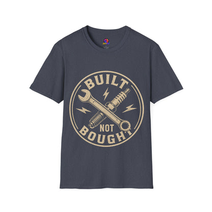 Built Not Bought T-Shirt — Vintage Mechanic Wrench & Spark Plug Design