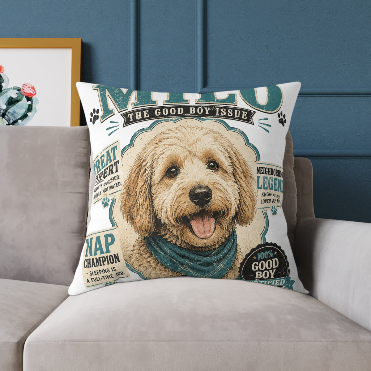 Milo Bailey Dog Dad Mom Square Poly Canvas Pillow — Personalized "Milo The Good Boy Issue" Dog Throw Pillow
