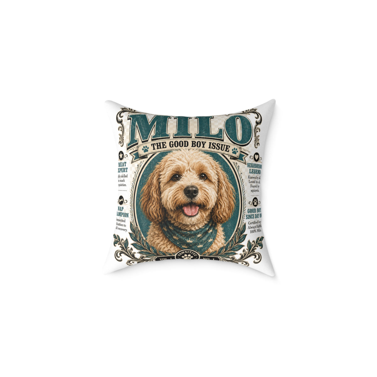 Personalized Dog Pillow - "Milo The Good Boy Issue" Decorative Pet Portrait Cushion  Milo Bailey Dog Dad Mom