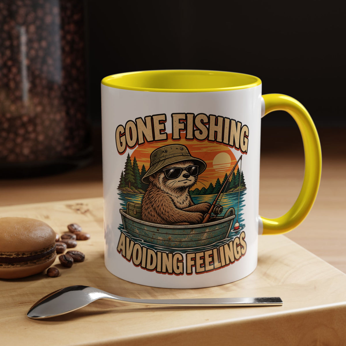 Funny And Witty "Gone Fishing Avoiding Feelings" Accent Coffee Mug (11, 15oz)