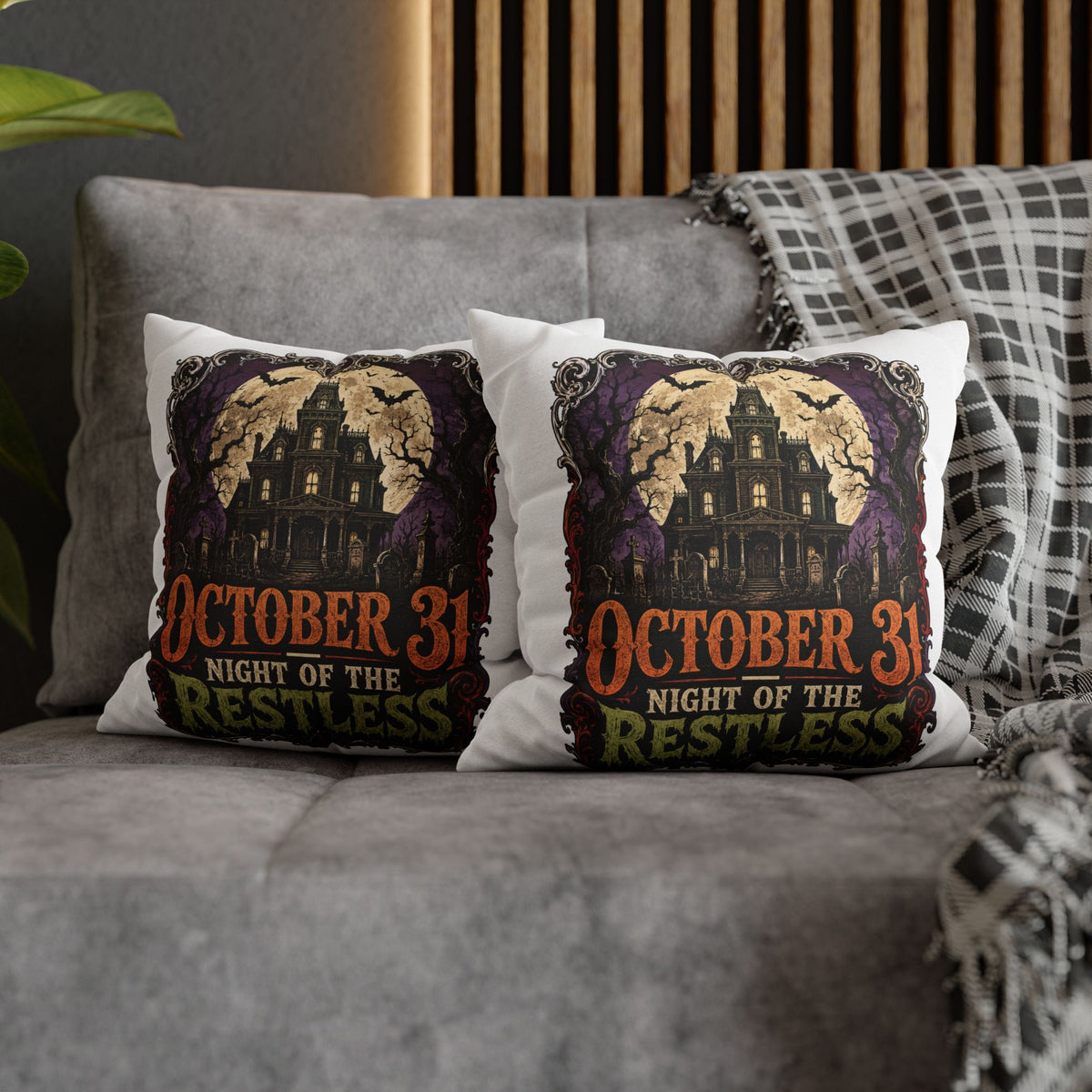Halloween Pillowcase — "October 31 Night of the Restless" Haunted House Throw Pillow