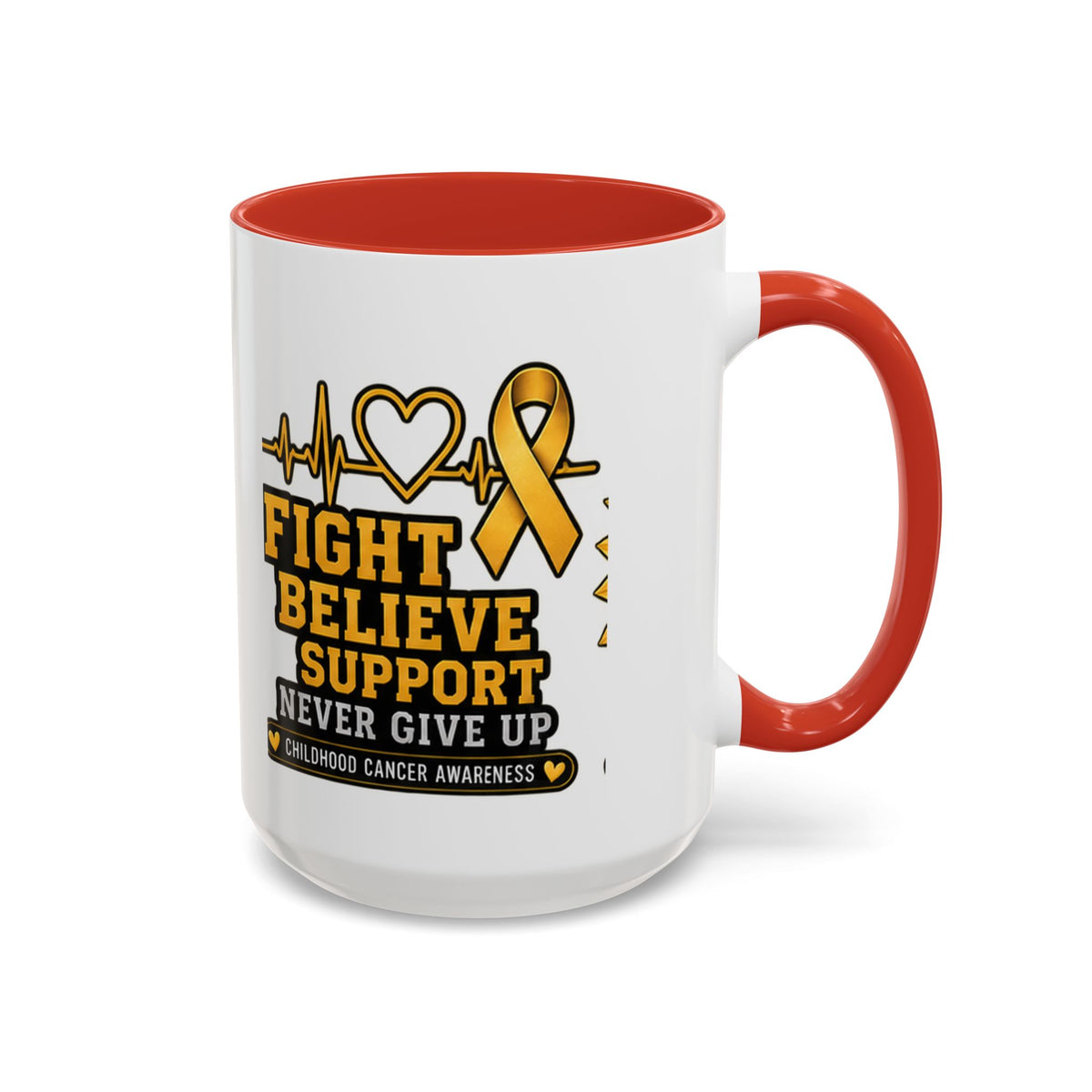 Childhood Cancer Awareness Accent Coffee Mug — "Fight Believe Support" 11/15oz