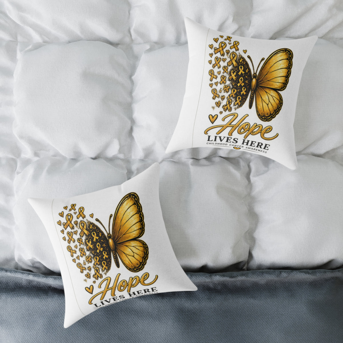 Childhood Cancer Hope Lives Here Butterfly Pillow — Gold Awareness Ribbon Accent