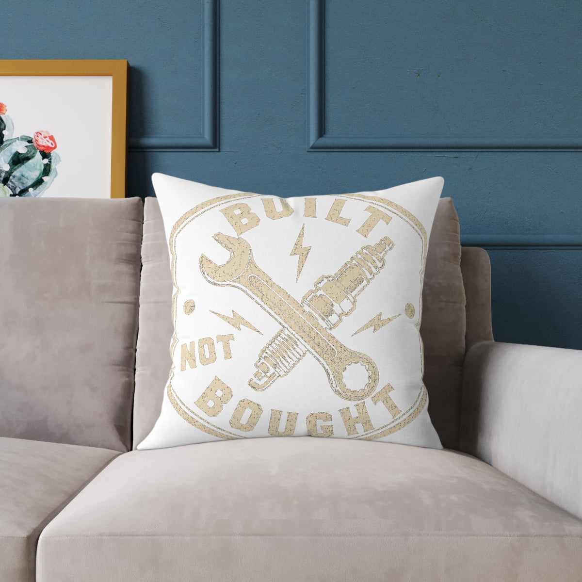 Built Not Bought Square Pillow Milo Bailey Dog Dad Mom— Mechanic Wrench & Spark Plug Decor