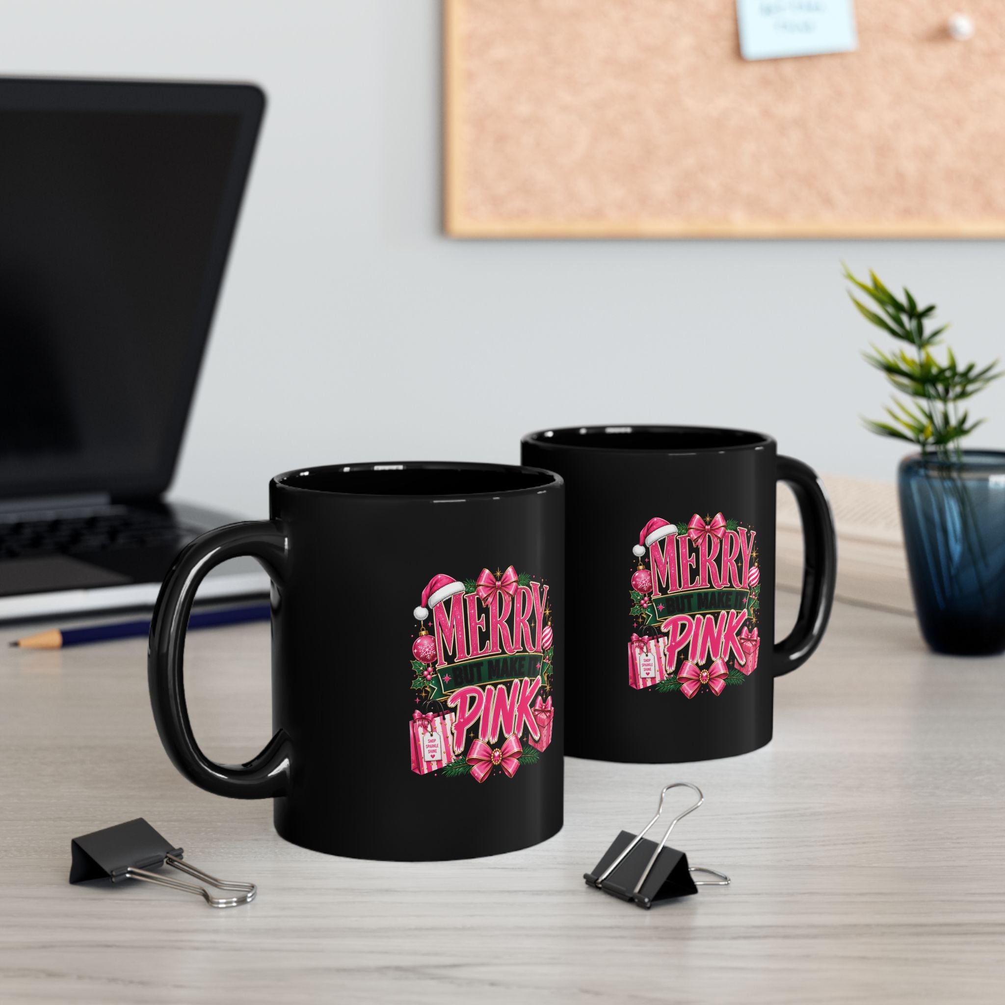 Merry Pink Christmas Mug — Black Holiday Coffee Cup