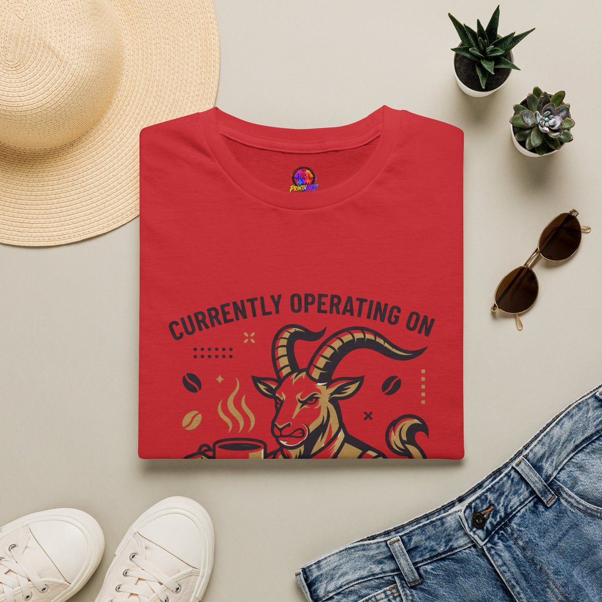 Capricorn T-Shirt — "Currently Operating on Caffeine and Spite" Zodiac Goat Tee