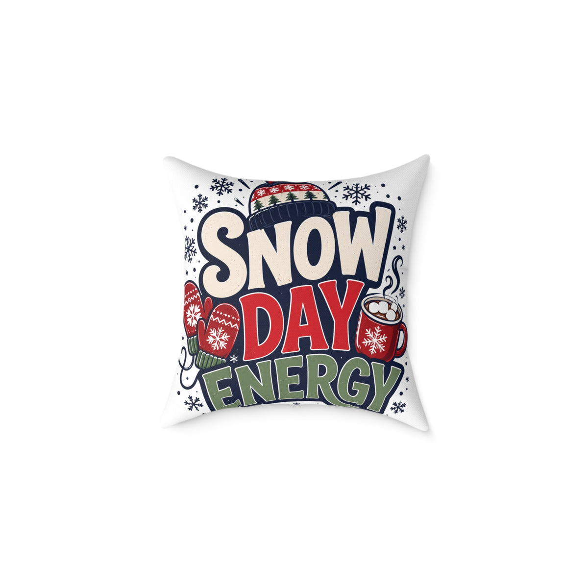 Christmas Snow Day Energy Pillow — Cozy Winter Decorative Throw Pillow with Holiday Mug & Mittens Design