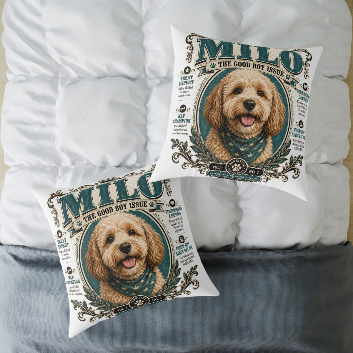 Personalized Dog Pillow - "Milo The Good Boy Issue" Decorative Pet Portrait Cushion  Milo Bailey Dog Dad Mom