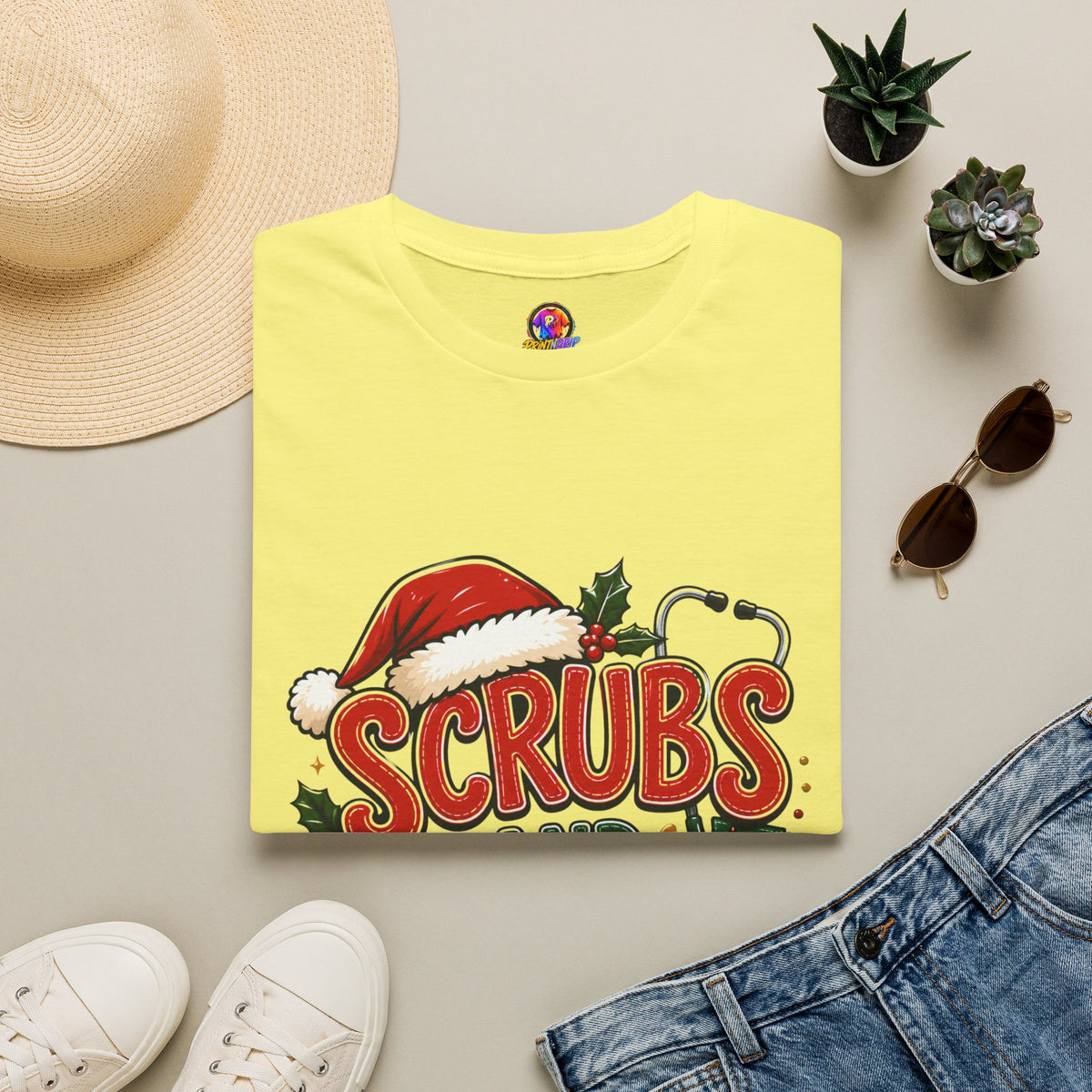 Scrubs and Santa Christmas Tee — Funny Nurse Holiday T-Shirt