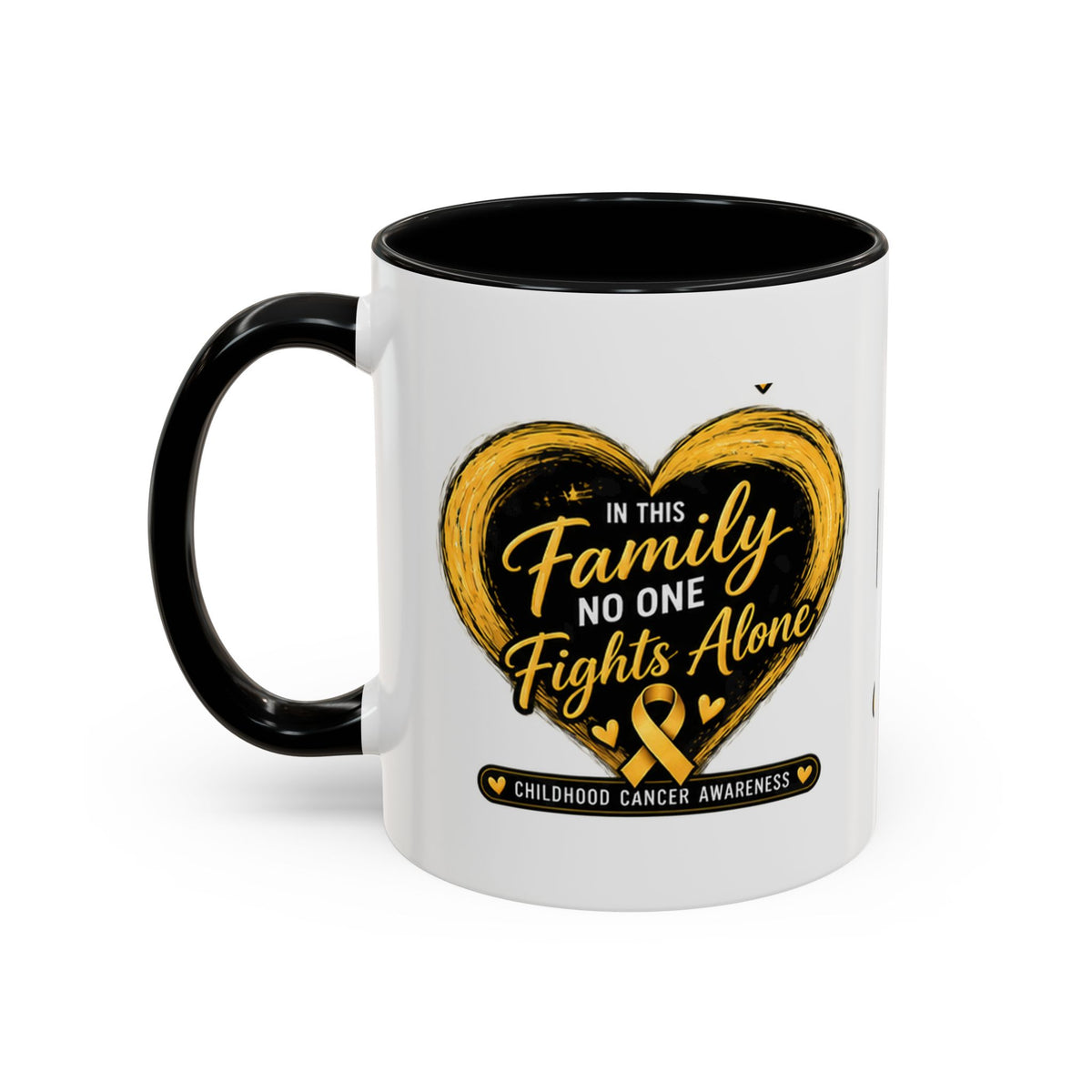 Childhood Cancer Awareness Accent Coffee Mug — "In This Family No One Fights Alone"