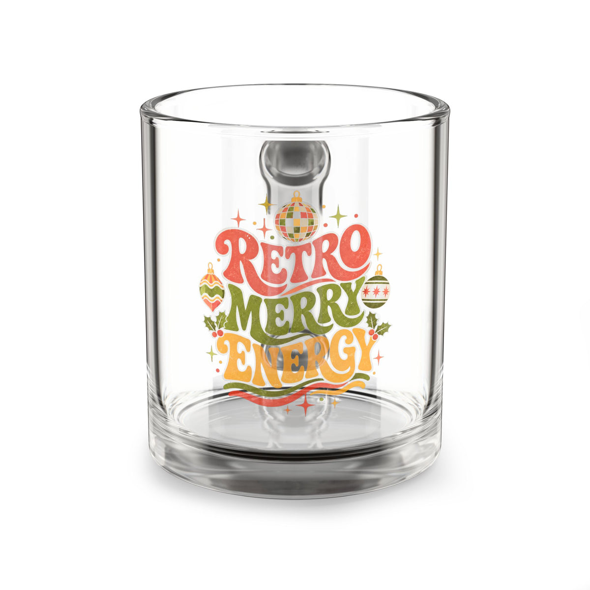 Modern Day Christmas Glass Mug  10oz Glass Mug — “Retro Merry Energy” Holiday Glass Coffee Mug (10 oz)