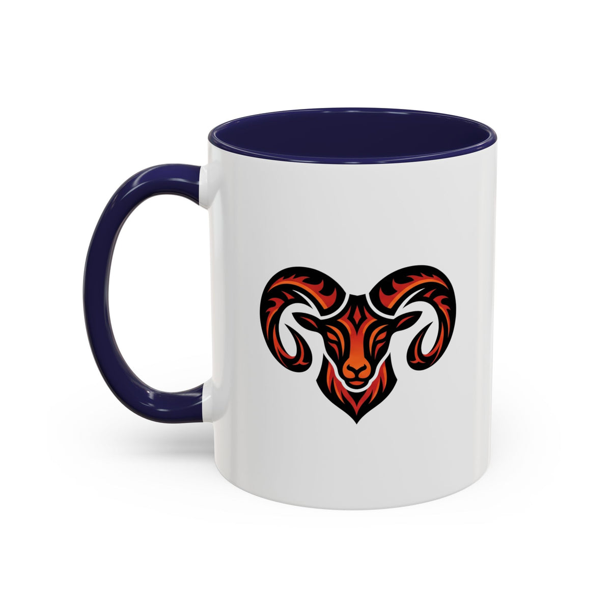 Aries Zodiac Ram Logo Accent Coffee Mug — Bold Tribal Ram Head Design