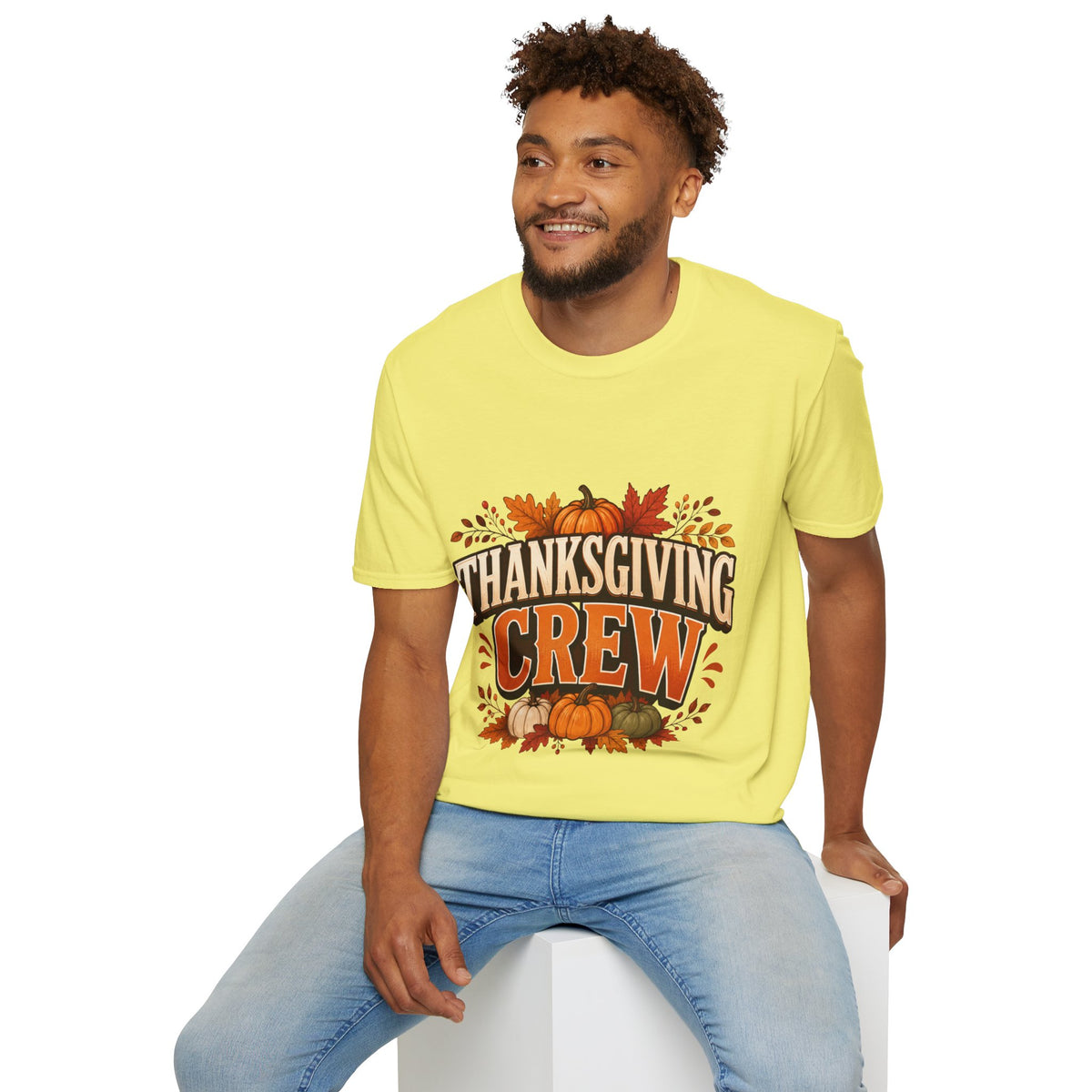 Thanksgiving T-Shirt Crew T-Shirt— Festive Pumpkin & Fall Leaves Holiday Tee