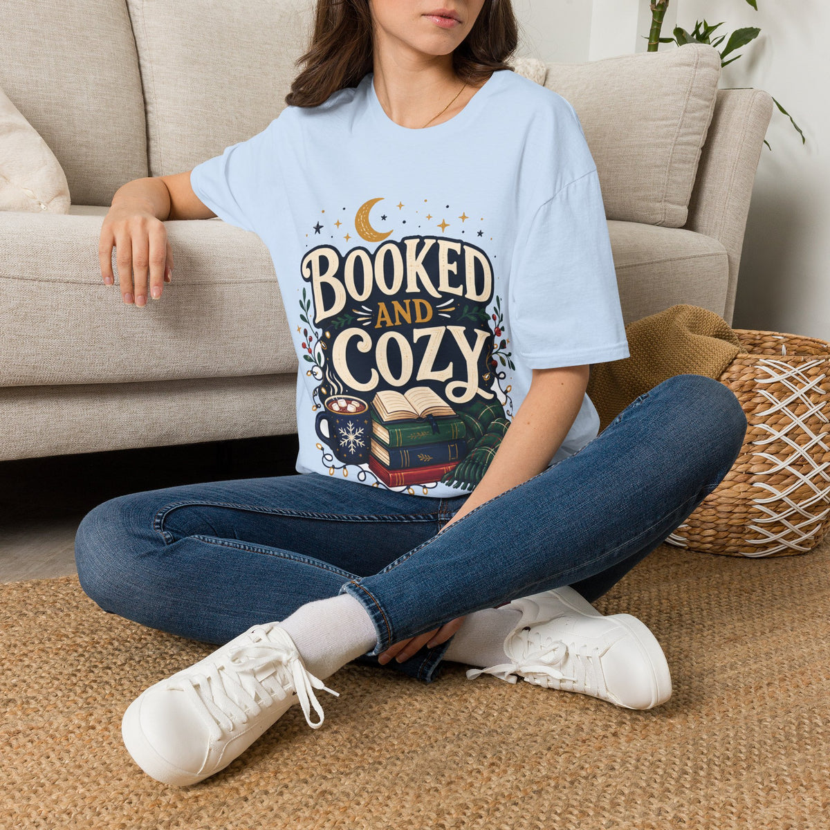 Booked and Cozy T-Shirt — Cozy Reading Graphic Tee (Books, Moon & Stars)