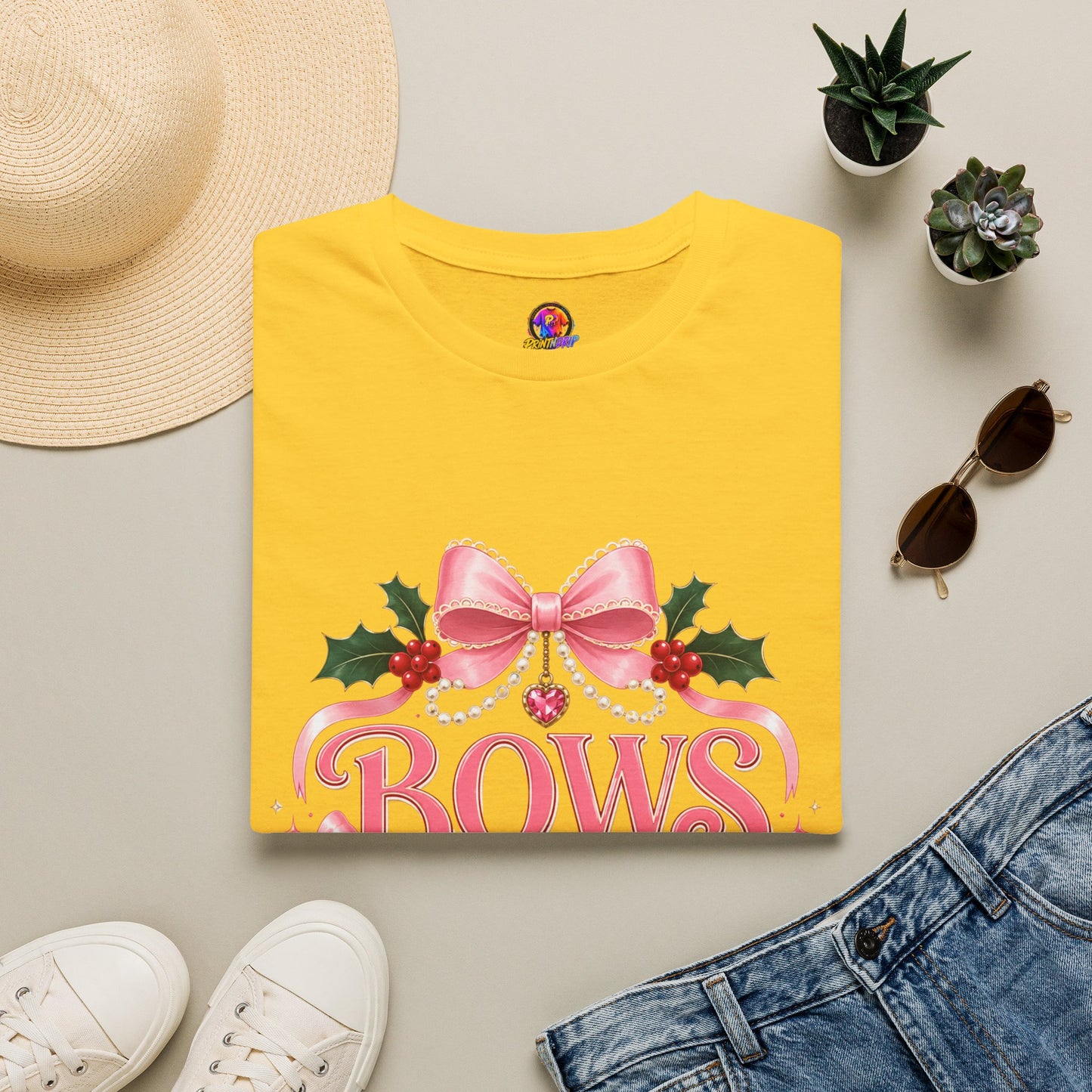 Bows and Mistletoe T-Shirt — Pink Holiday Bow Christmas Tee