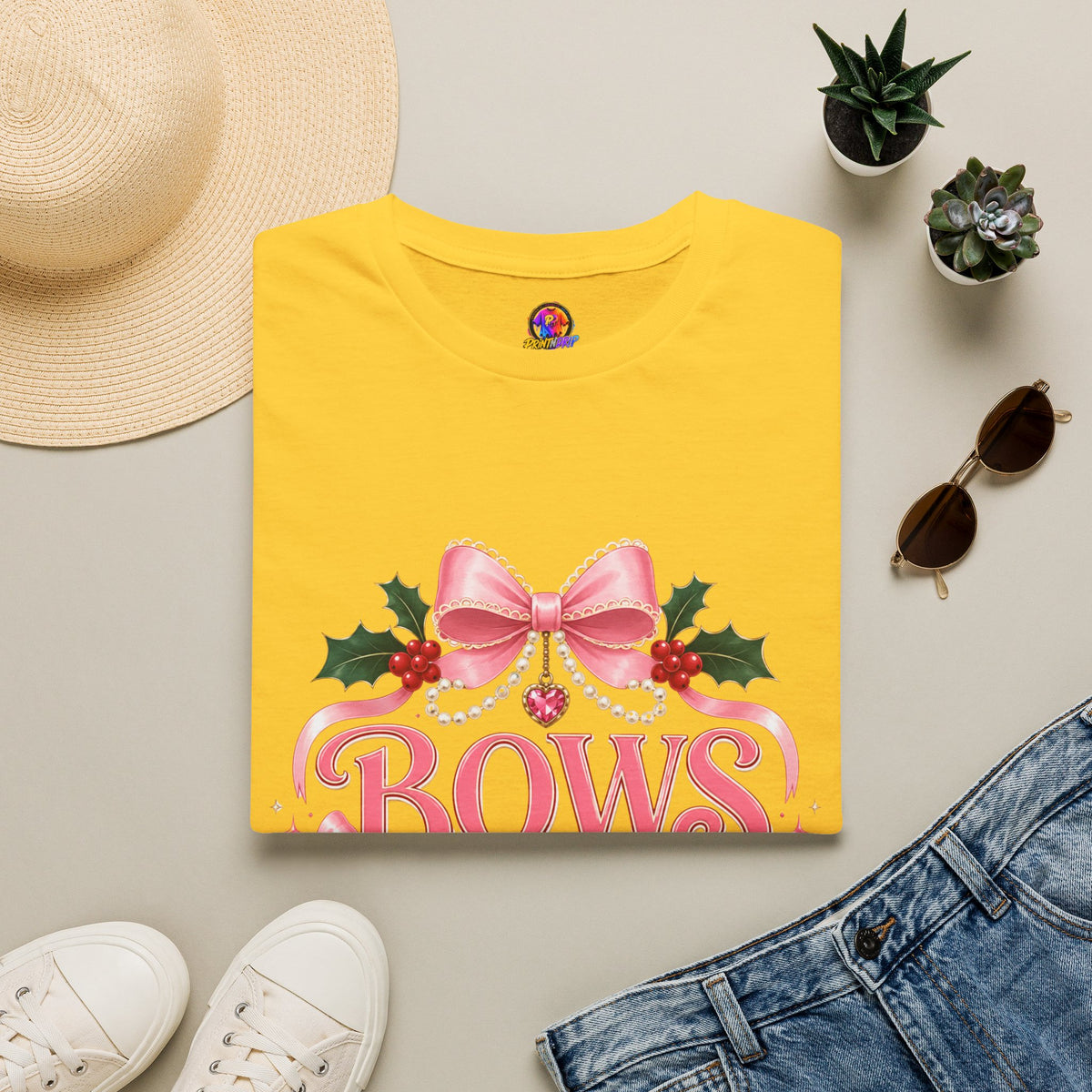 Bows and Mistletoe T-Shirt — Pink Holiday Bow Christmas Tee