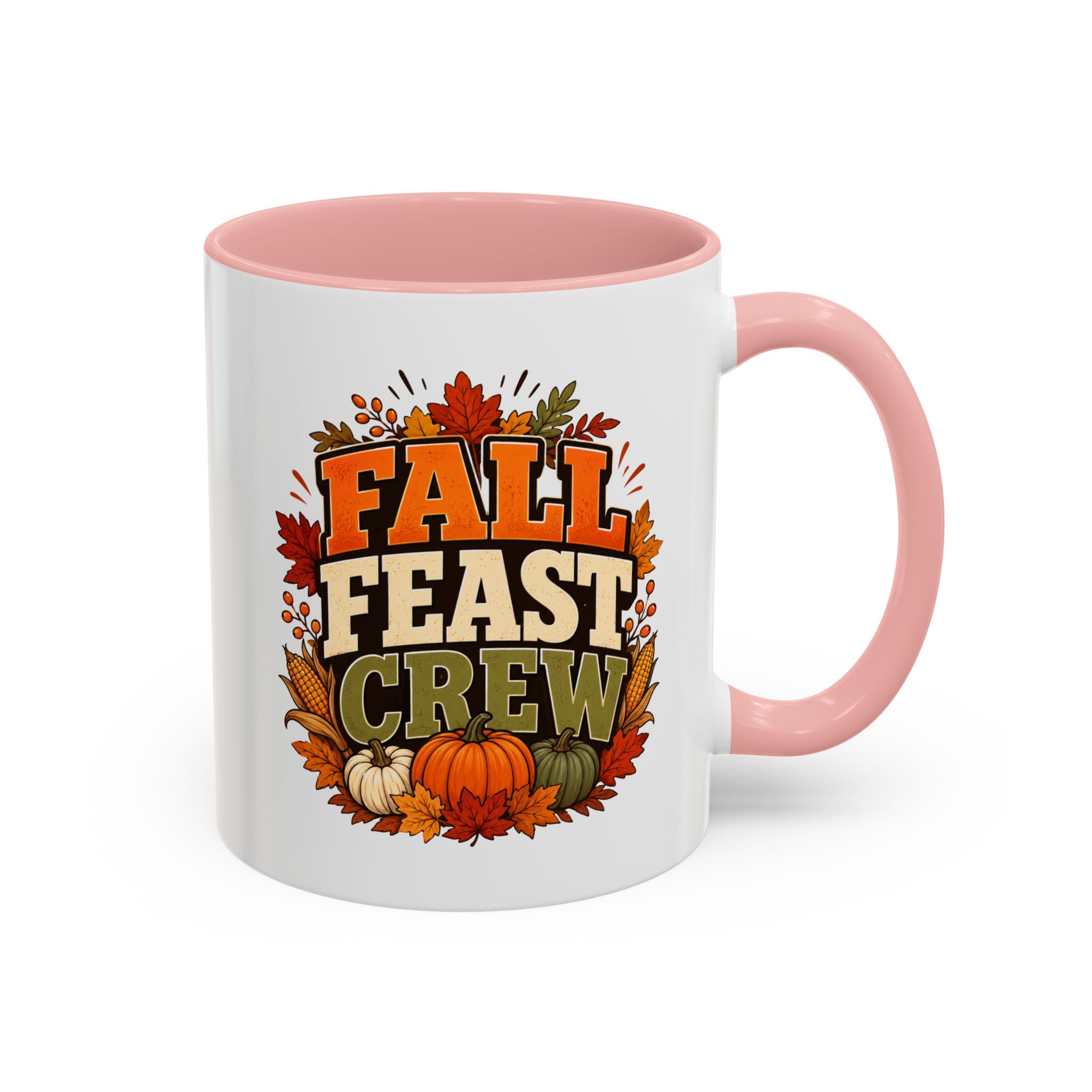 Thanksgiving Mug Fall Feast Crew Coffee Mug — Thanksgiving Pumpkin Autumn Leaves Accent Mug
