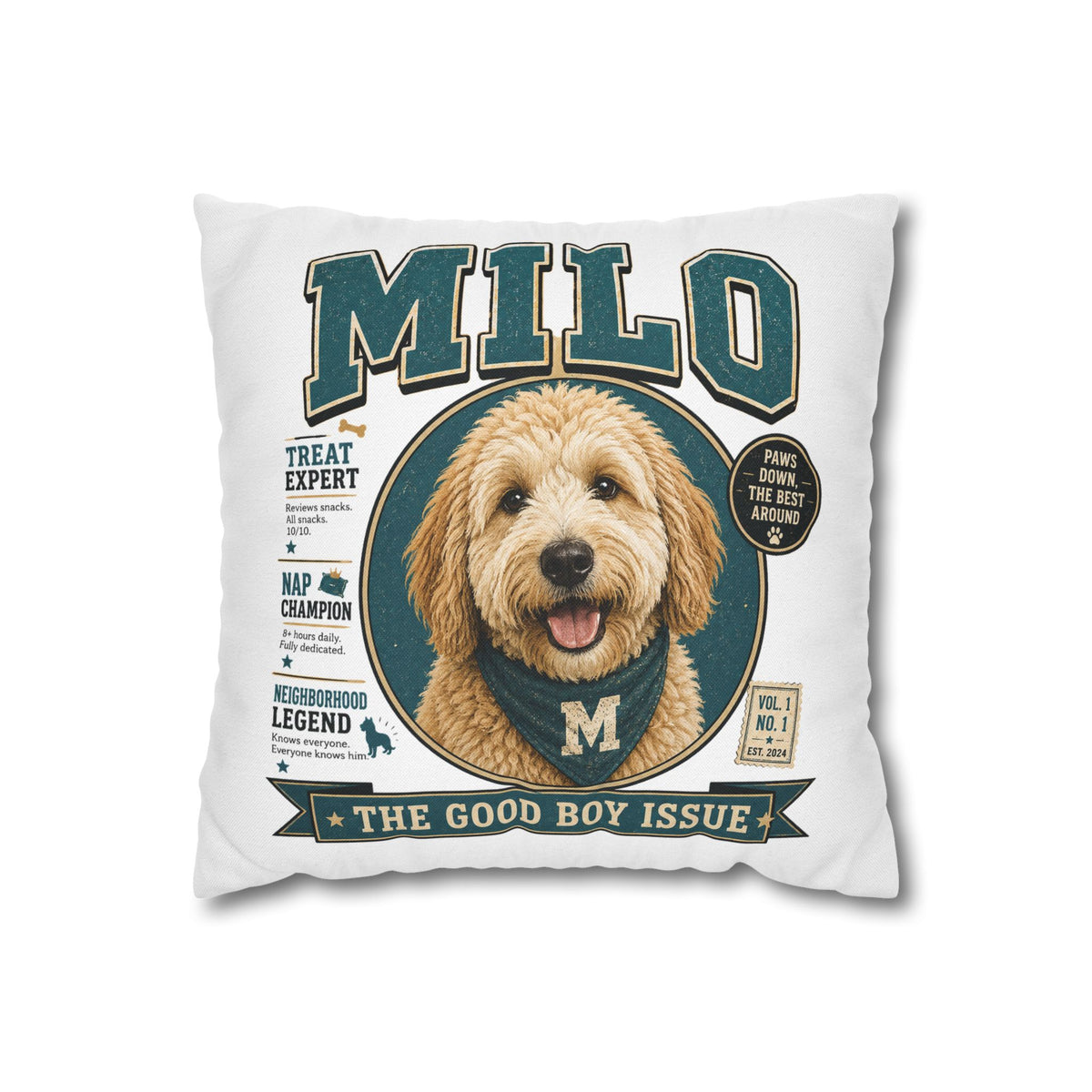 Milo 'The Good Boy Issue' Decorative Pillowcase – Personalized Dog Portrait Accent Pillowcase Milo Bailey Dog Dad Mom