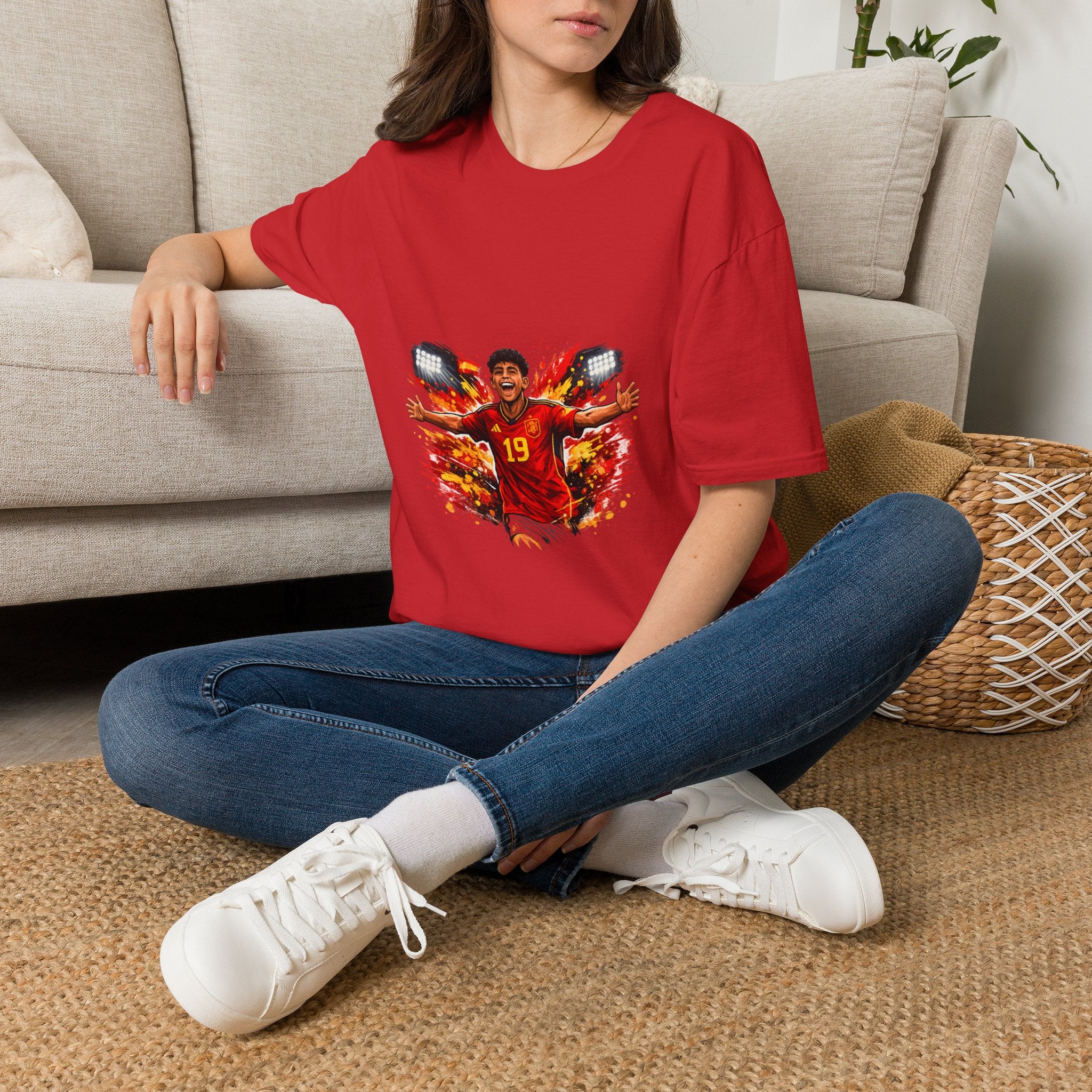 Spain Soccer Fan Portrait T‑Shirt – Fiery Goal Celebration Design