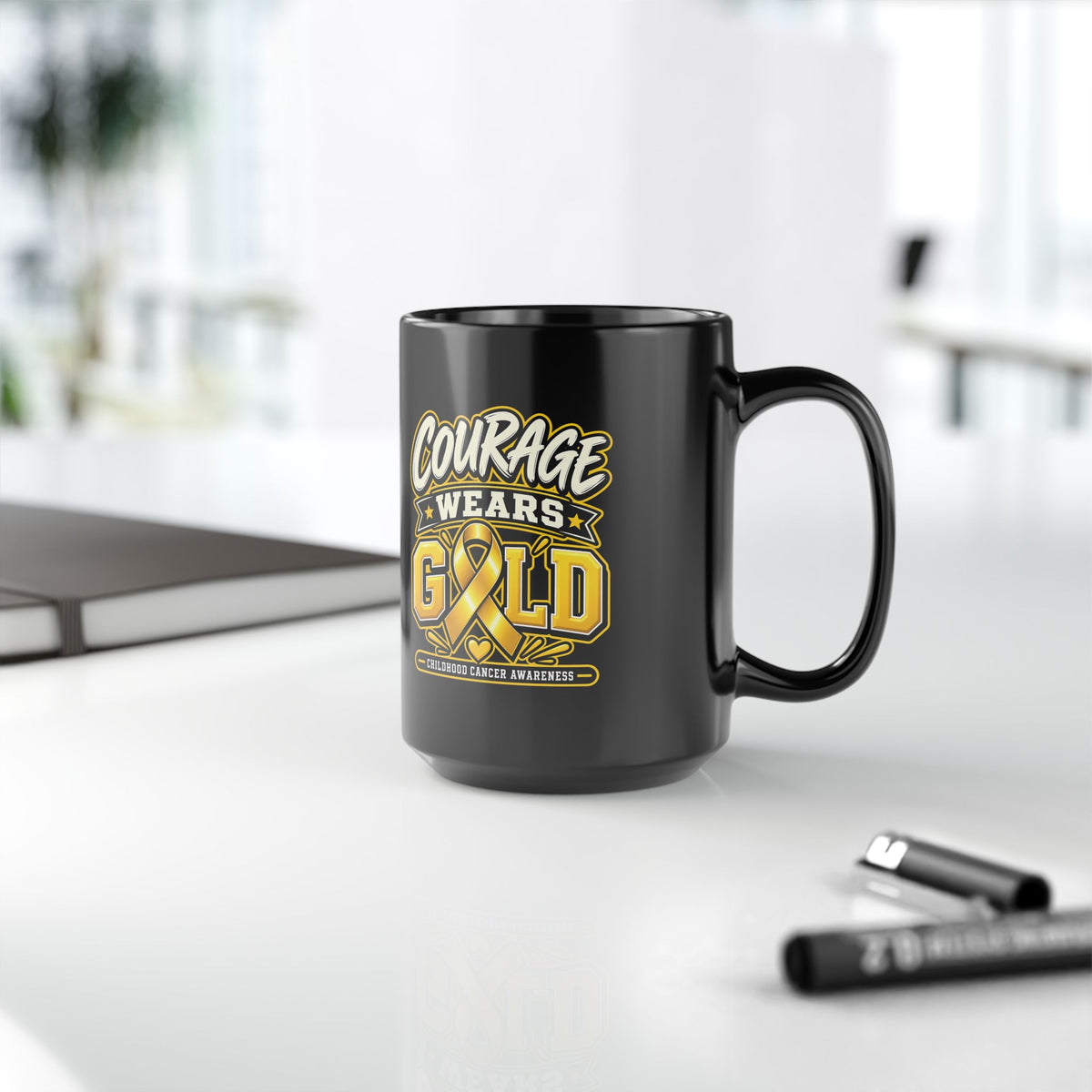 Courage Wears Gold Childhood Cancer Awareness Black Mug (11oz, 15oz)