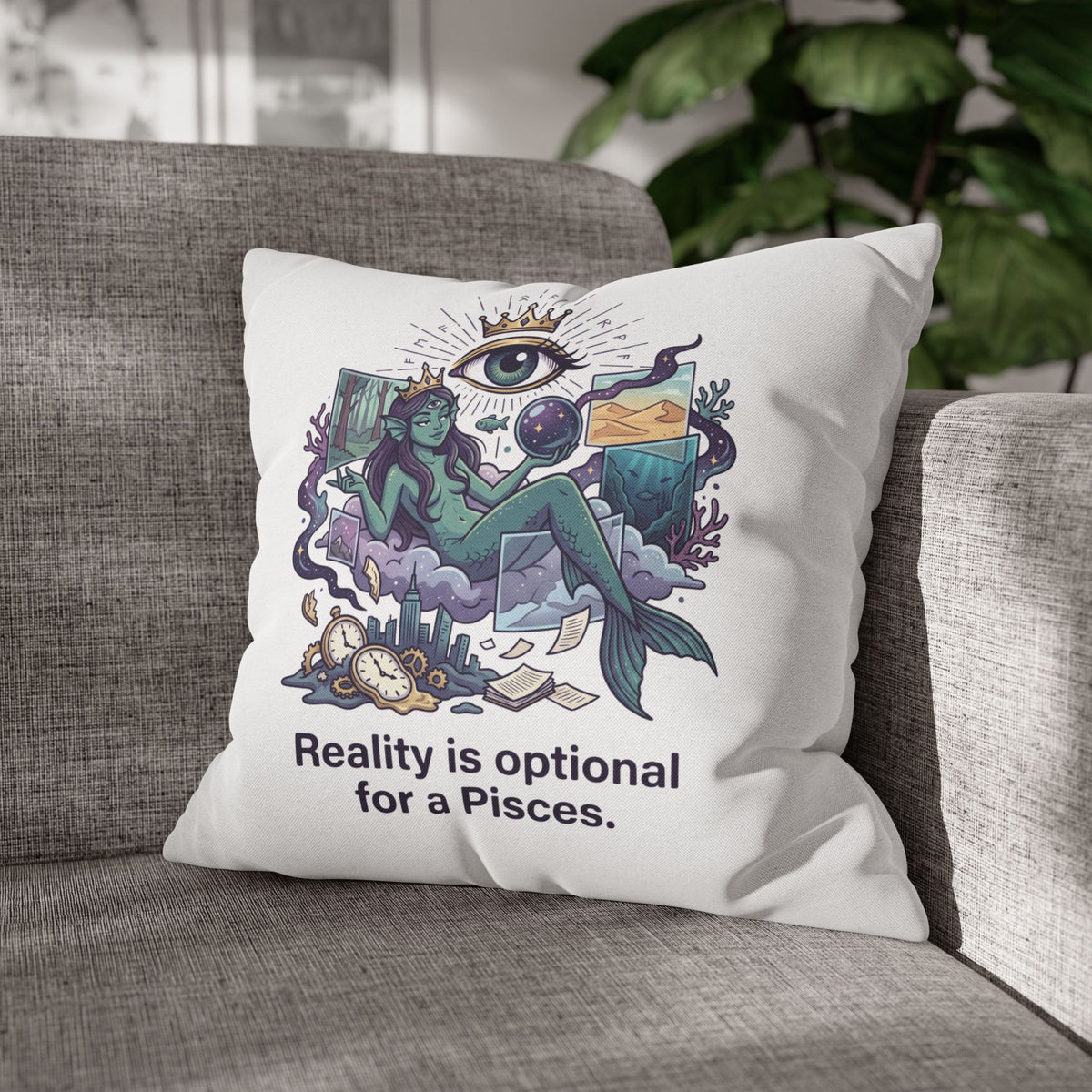 Pisces Mermaid Pillowcase — "Reality Is Optional for a Pisces" Decorative Throw Pillow