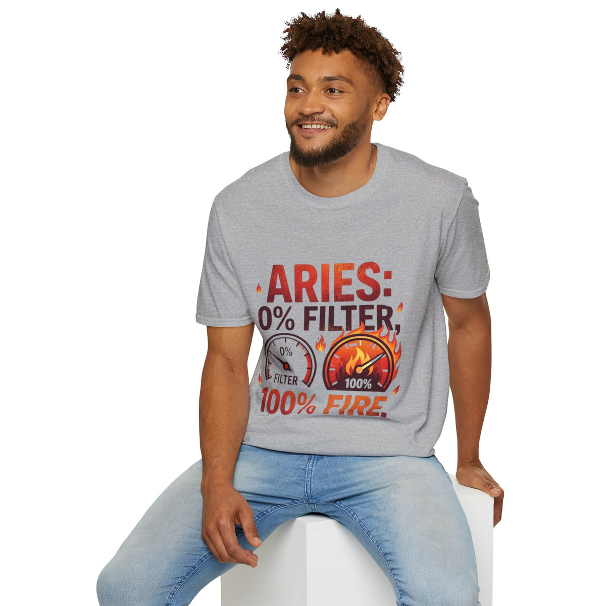 Aries T-Shirt — "Aries: 0% Filter, 100% Fire" Bold Zodiac Tee