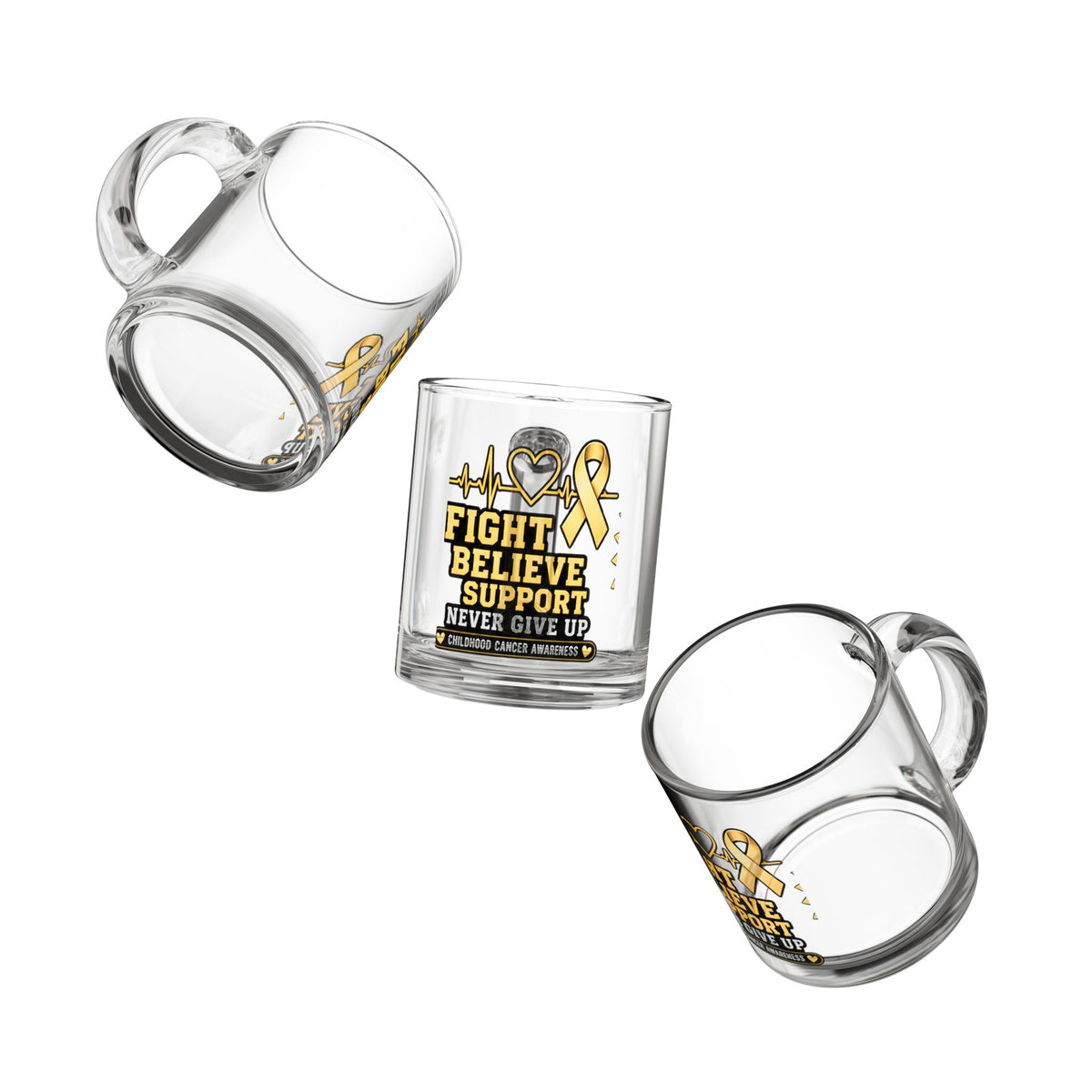Childhood Cancer Awareness Glass Mug – “Fight Believe Support Never Give Up” 10oz