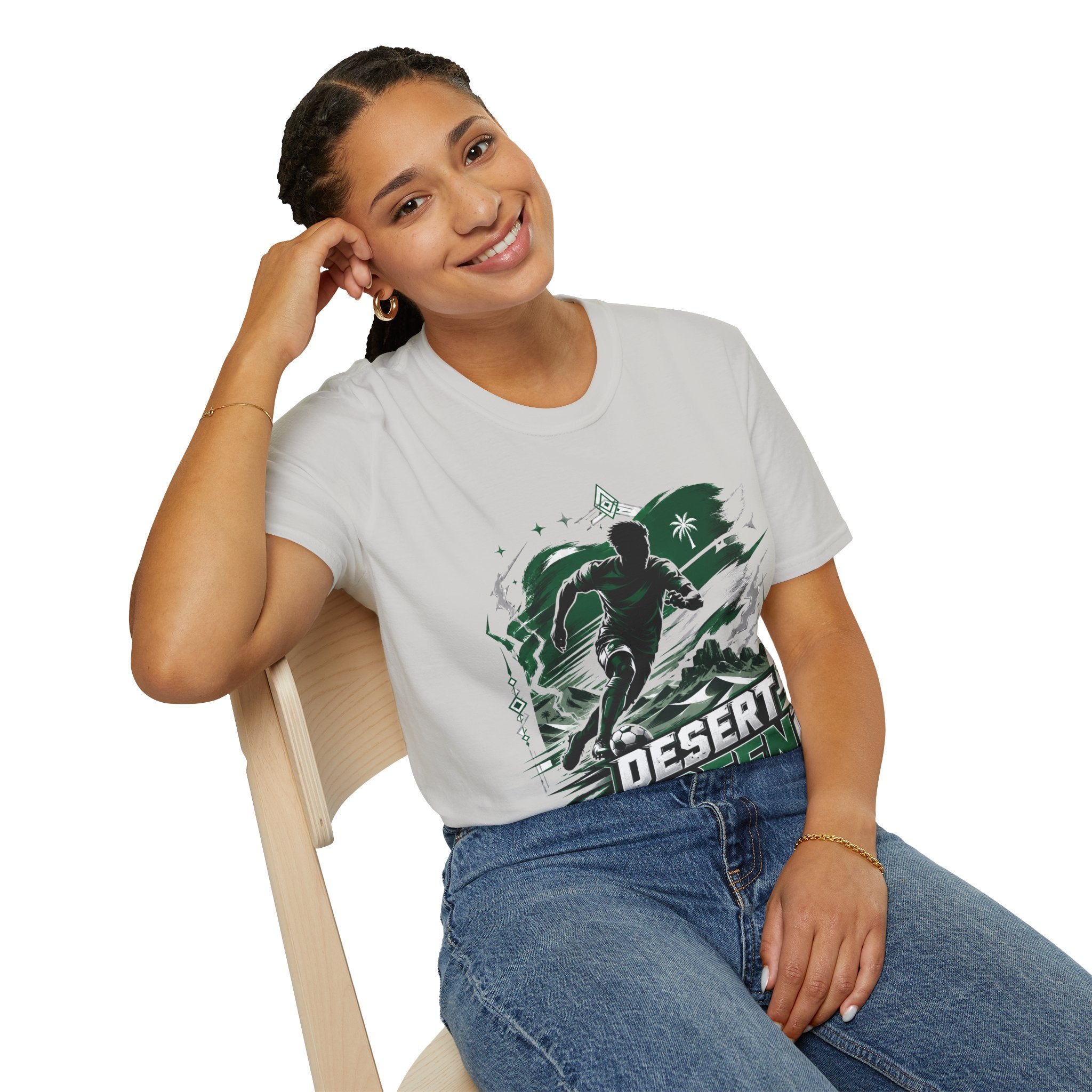 Saudi Arabia Desert Green Soccer T-Shirt — Silhouette Player Graphic