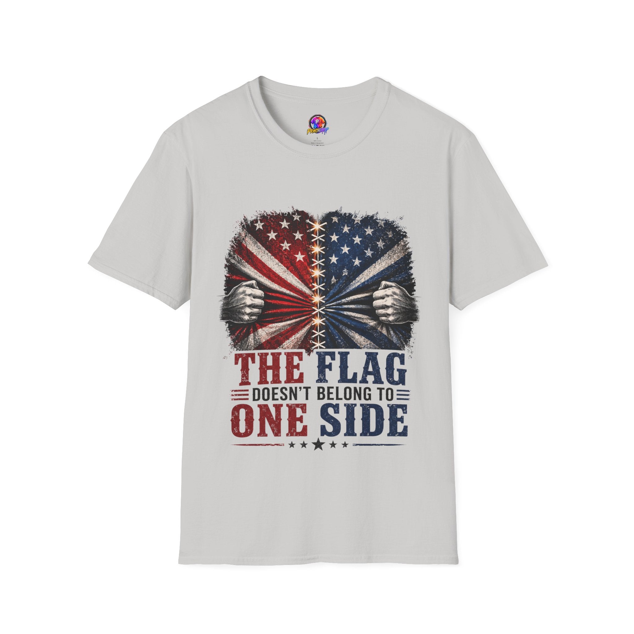 T-Shirt — "The Flag Doesn't Belong to One Side" Distressed American Flag Graphic