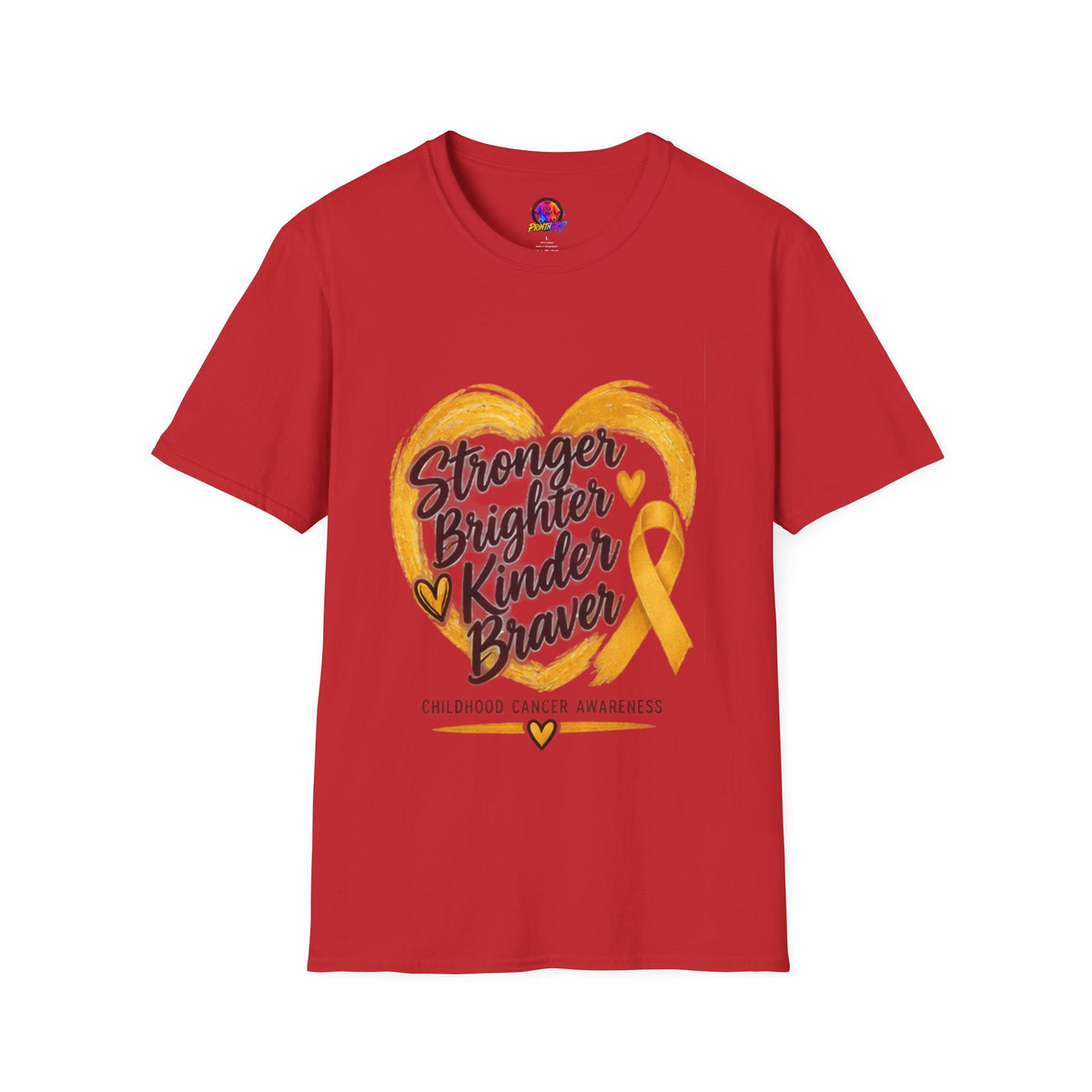 Childhood Cancer Awareness T-Shirt — "Stronger Brighter Kinder Braver" Gold Ribbon