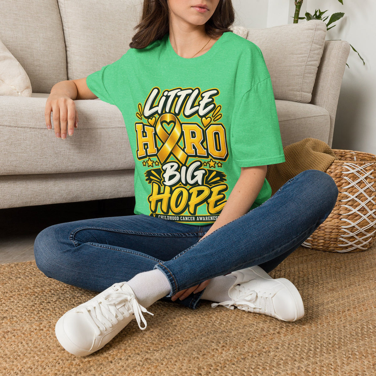 Kids Childhood Cancer Awareness T-Shirt — "Little Hero Big Hope" Gold Ribbon