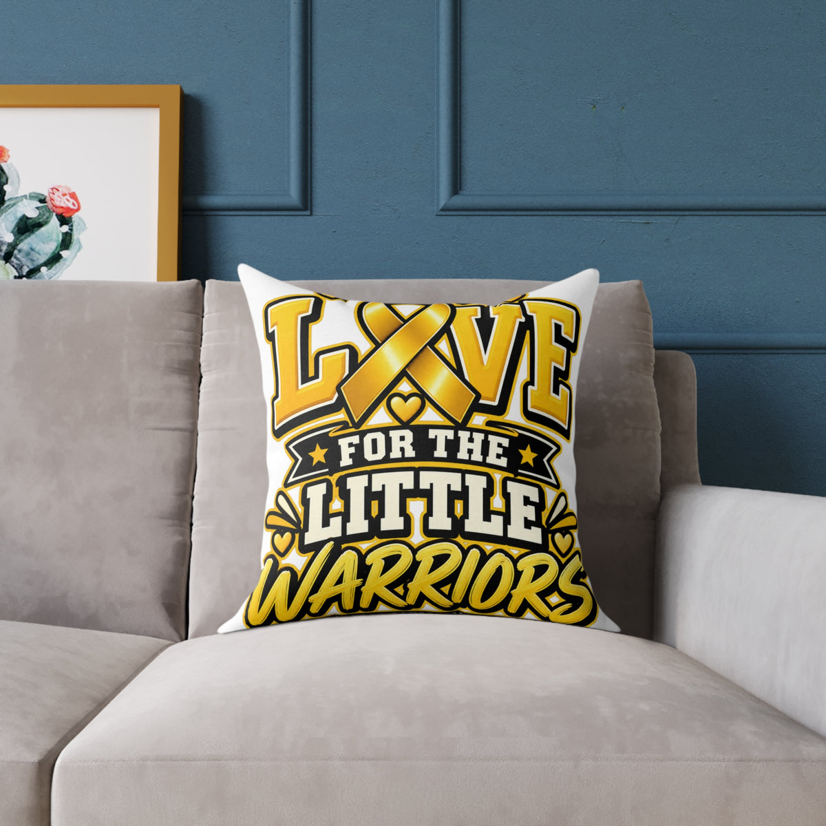 Childhood Cancer Square Pillow - "Love for the Little Warriors" Yellow Ribbon Kids Cancer Awareness Throw Pillow