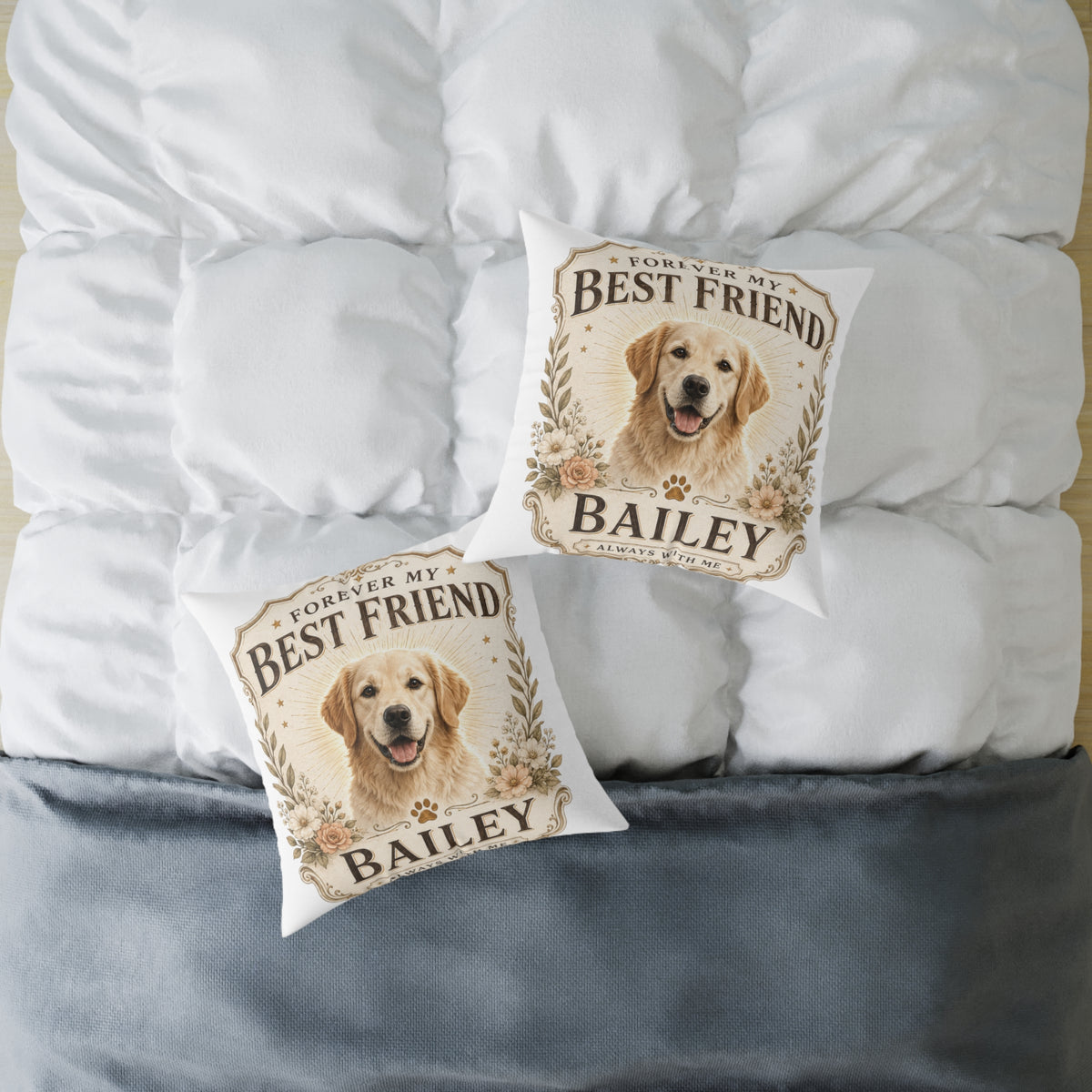 Milo Bailey Dog Dad Mom Square Pillow — "Forever My Best Friend" Personalized Dog Photo Pillow (Bailey)